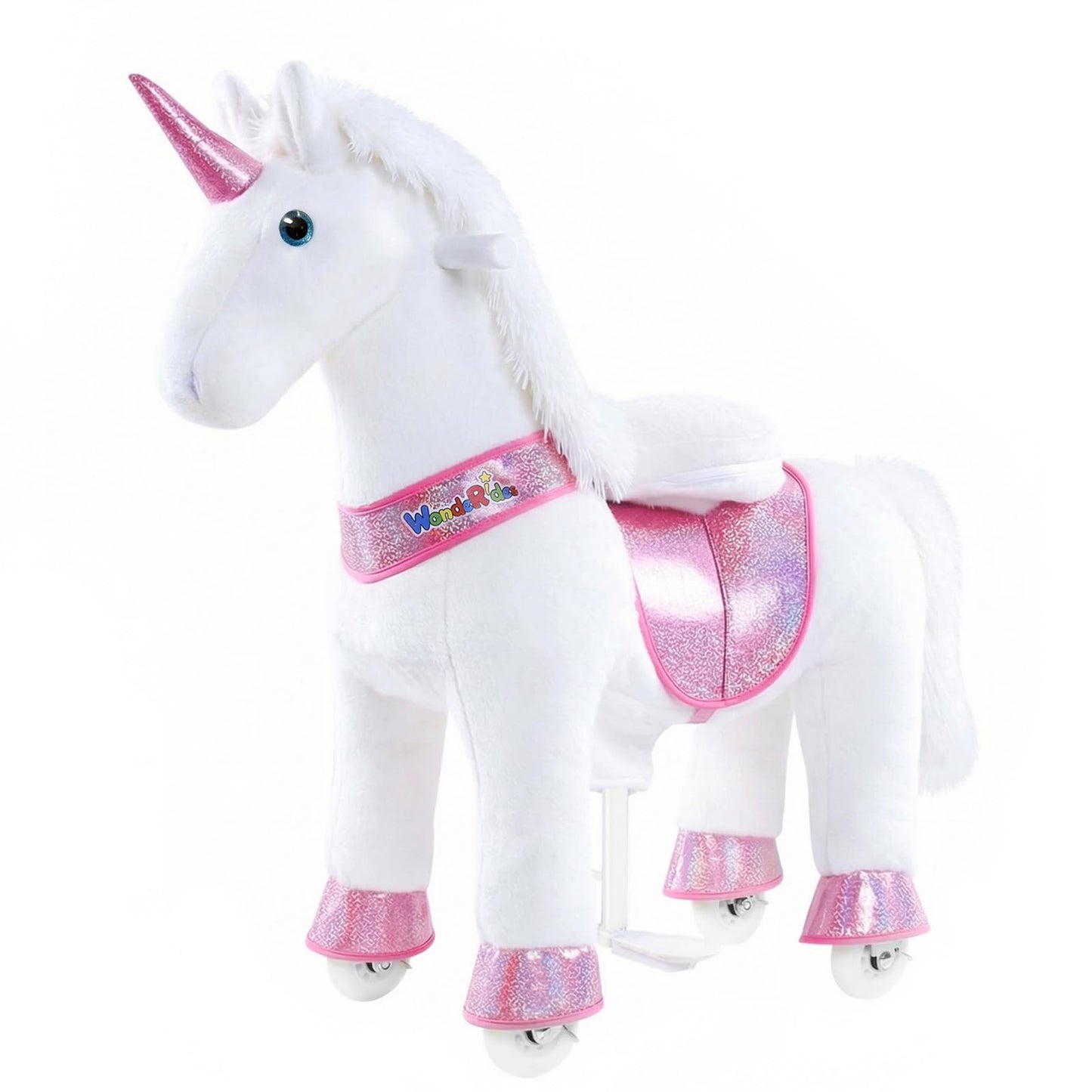 WondeRides Ride on Unicorn Horse Rider Pony Cycle Toy, 30.1 Inch Height Riding Pony White Unicorn Toy Plush Rocking Mechanical Walking Animal with Wheels No Battery Size 3 for Kids 3-4 Years M332-1