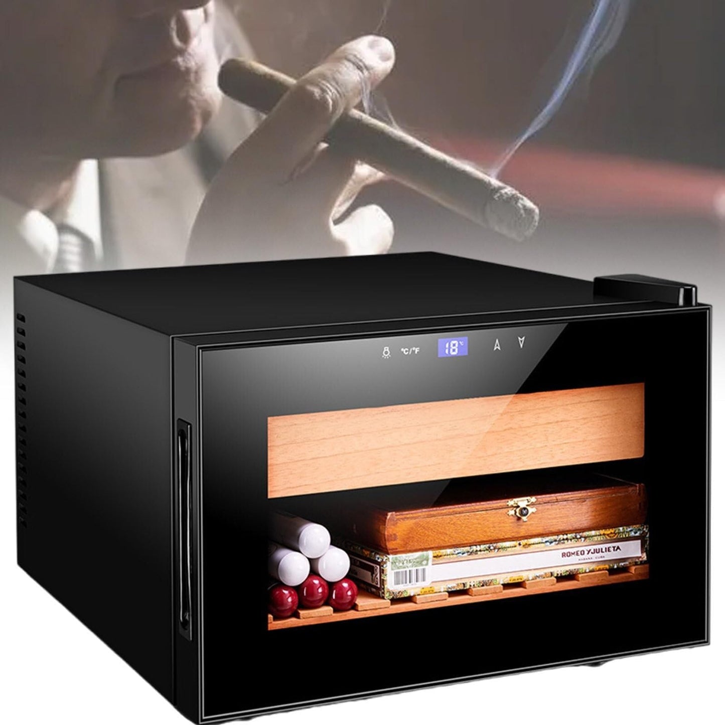 DLYZAYE Small Electronic Cigar Cooler Humidor,150 Counts Cigar Humidor Cabinet, with Digital Thermometer, Cigar Cabinet Led Panel with Cedar Wood Shelves (Color : Black)