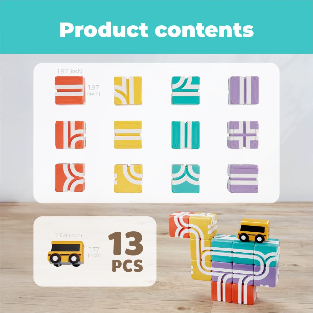 QBI Magnetic Blocks for Toddlers 1-3｜School Bus Toy Set with 12 Pastel Track Cubes｜STEM Montessori Educational Toys for 1 Year Old Boys & Girls｜Safe Large Building Bricks (13 Pieces Starter Pack)