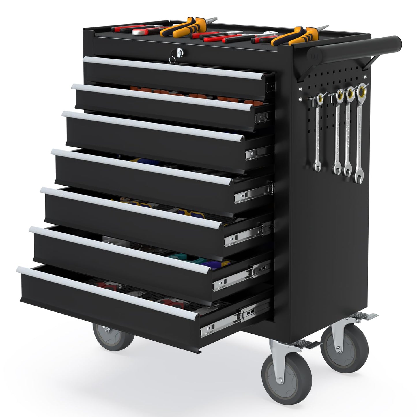 SGHATAJ 7 Drawers Metal Rolling Tool Chest, Portable Storage Rolling Tool Box, Toolbox on Wheels for Warehouse, Garage, Repair Shop and Tool Room (Black, 7-Drawer)