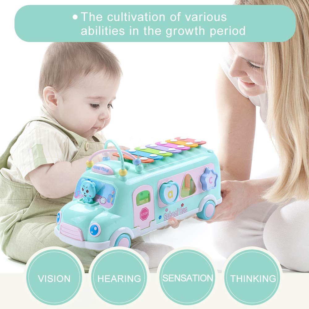 5-in-1 Baby School Bus Xylophone Toys for 1 Year Old Girl Gifts, Educational Baby Toy 6-12-18 Month, 1st Birthday Gril Gift, Toddlers Montessori Musical Baby Bus with Shape Sorter & Knock Hammer
