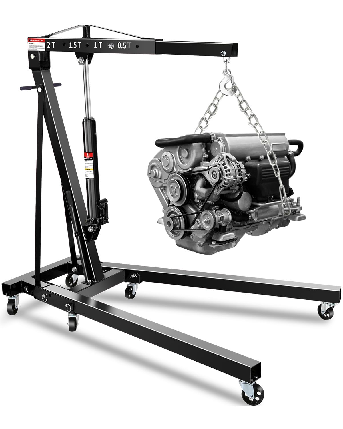 2-Ton Shop Crane, Hydraulic Folding Engine Hoist w/6 Steel Casters - Lift Car Transmissions, Boat Motors, Farm Equipment (Net Wt. 157 lbs)