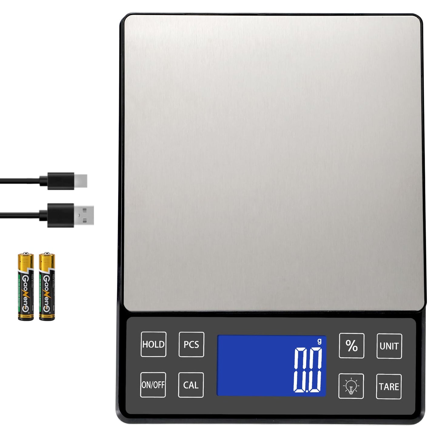 SEMIER Digital Kitchen Scale with 0.1g/0.001oz High Precision, 5kg/11lb Food Bakery Scale with% Percentage Function, Tare Function, USB Rechargeable or AAA Battery Power, Stainless Steel Pan