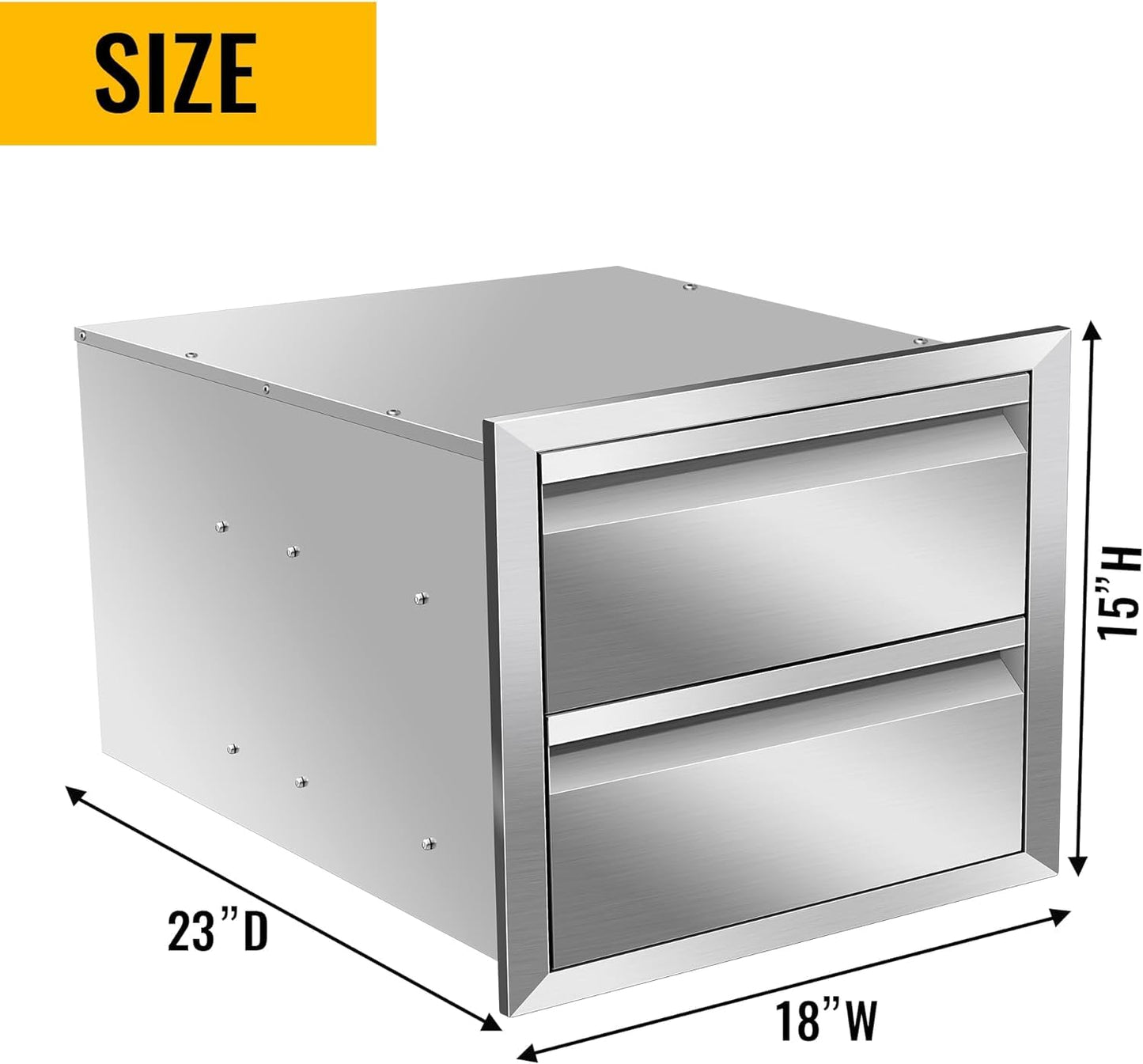 RAILEN Outdoor Kitchen Double Drawers 18''W x 15''H x 23''D Inch Stainless Steel Flush Mount BBQ Drawers for Outdoor Kitchen Island or Patio Grill Station