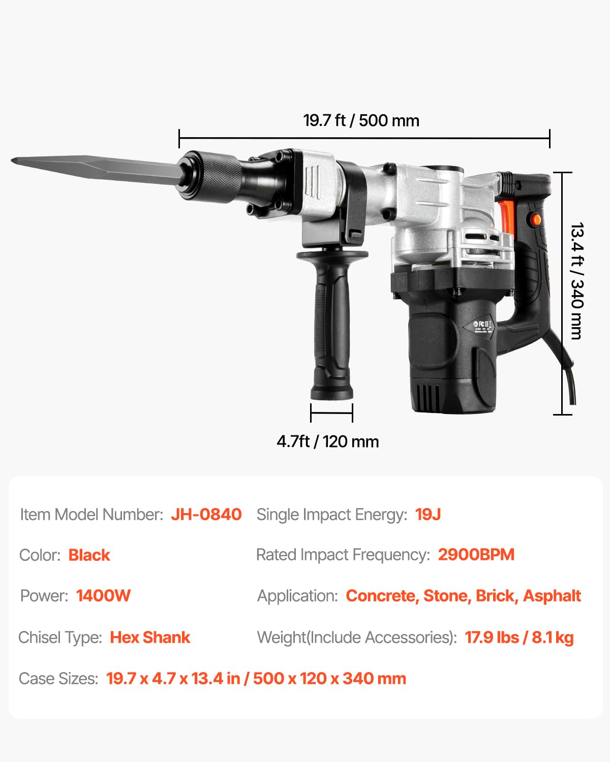 VEVOR 3500W Electric Demolition Hammer, 1900 BPM Durable Jack Hammer, Concrete Breaker with 2 Chisels, Gloves, and a 360° Rotatable Handle for Efficient Trenching, Black