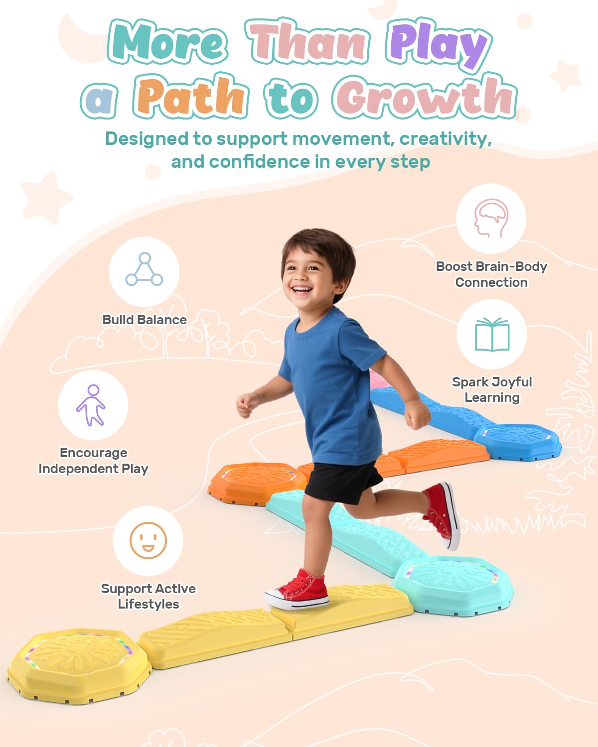 Holyton Light Up Stepping Stones for Kids with Music, 13PCS Balance Beam and Stepping Stone Set, Toddler Balance Beam Obstacle Course, Non-Slip Sensory Toys for Toddlers 3-8, Indoor Outdoor Play