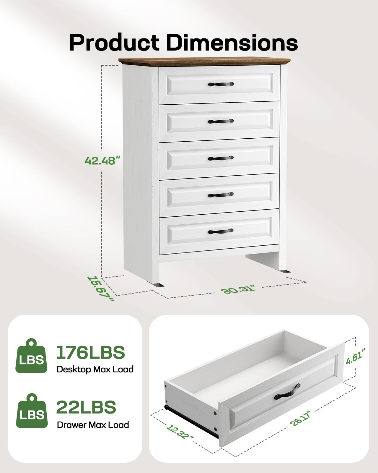 Marsail Farmhouse 5 Drawer Dresser, Wood Chest of Drawers with Natural Texture, Smooth Gliding Drawers, Versatile Storage Organizer Cabinet for Bedroom & Living Room, White and Brown