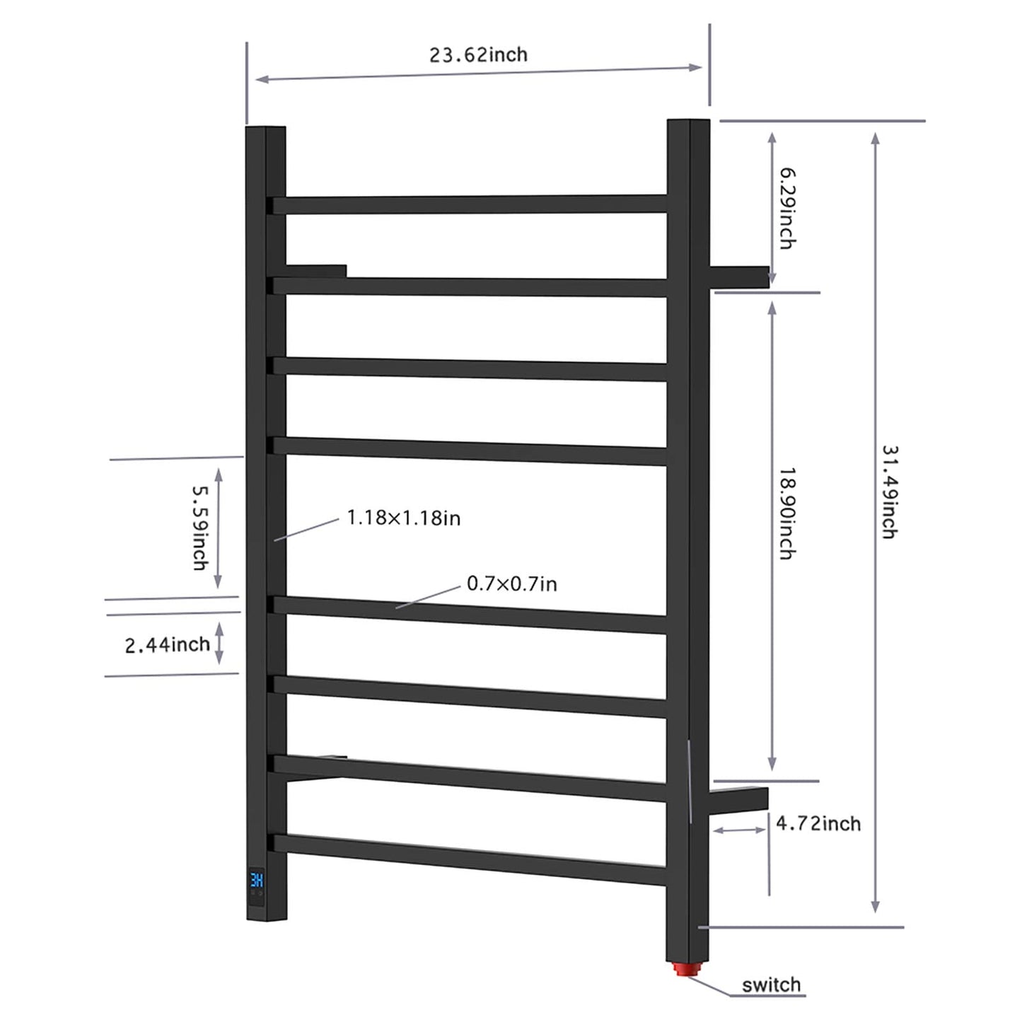 HEATGENE Towel Warmer with Timer and Temperature Control, Electric Towel Warmer with 8 Square Bars, Wall-Mounted Electric Towel Rack with 8 Square Bars, Plug-in/Hardwired Towel Rails - Matte Black