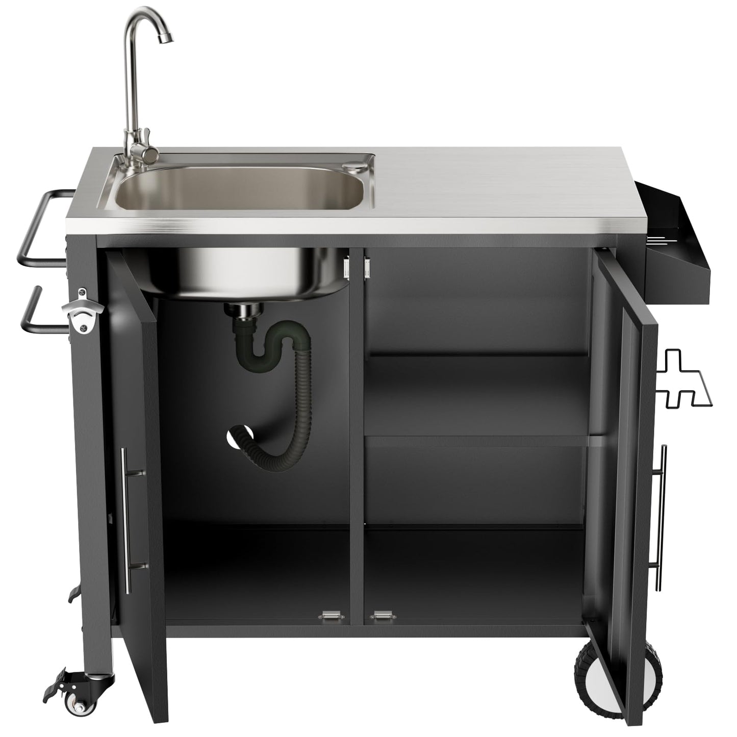 ahomrt Outdoor Grill Table with Sink, Grill Cart with 304 Stainless Steel Sink and Cabinet, Outdoor Grill Cart,Outdoor Cart Sink Station with Wheels, 38in x 18in x 35in
