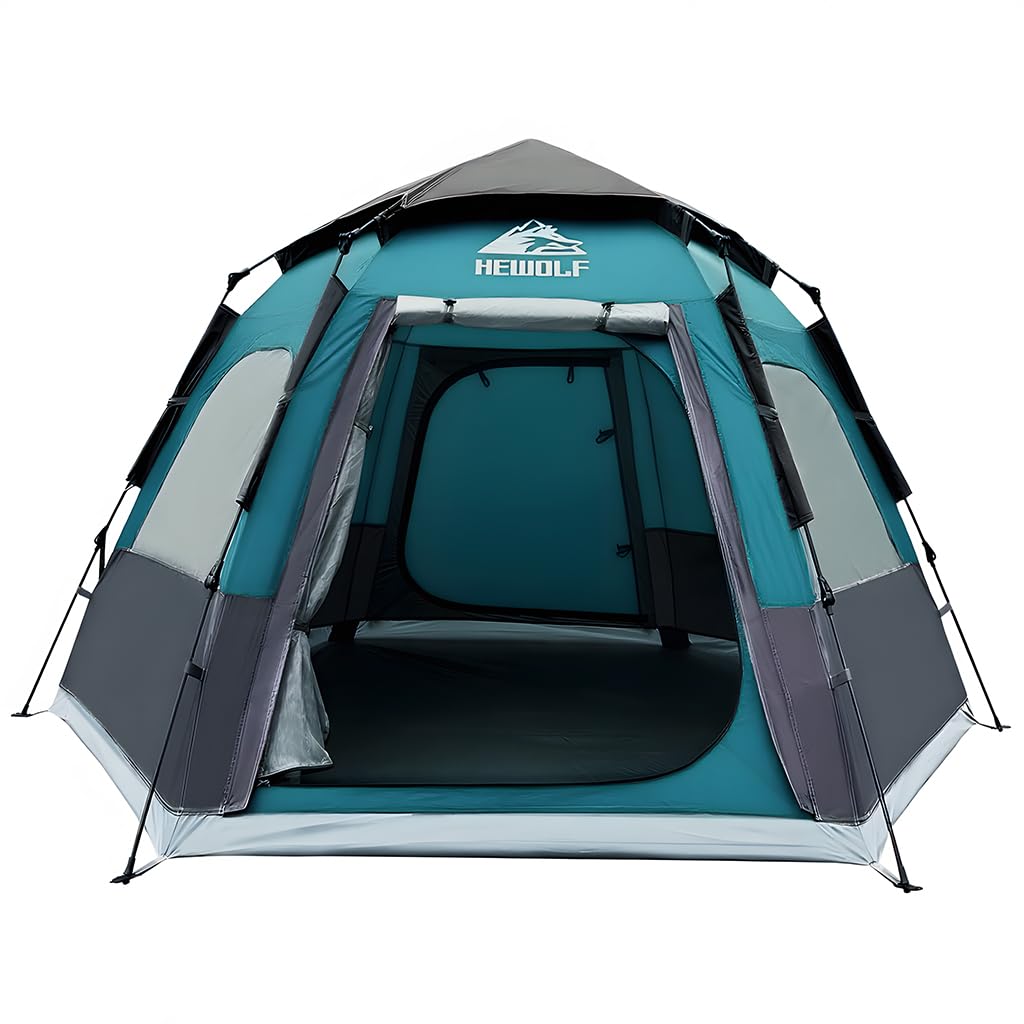 Hewolf 2/3/4 Person Camping Tent - Instant Pop Up Waterproof 2 Doors Tent with Easy Setup | 3-Season Hexagonal Dome Design for Family, Hiking & Traveling (Blue)