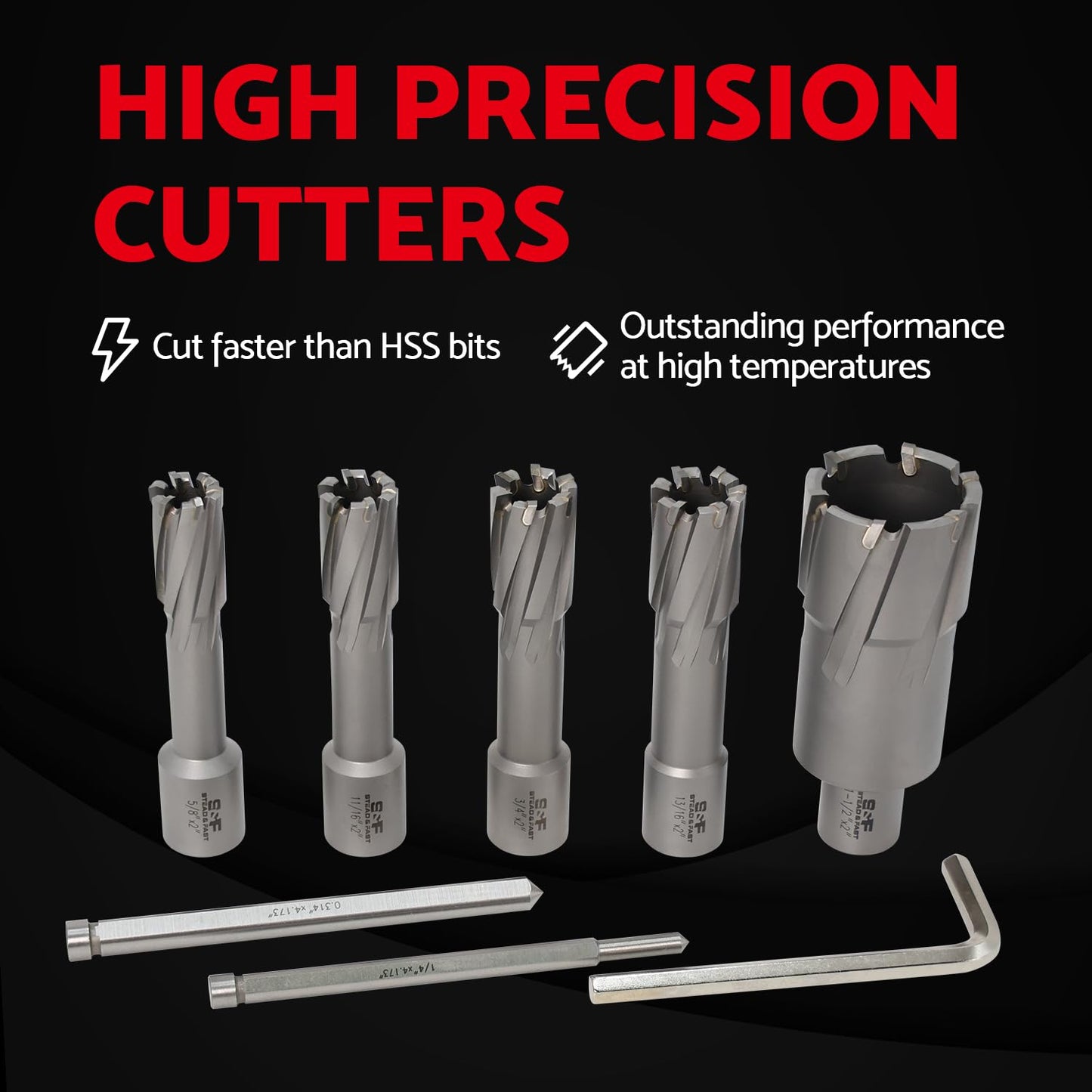 S&F STEAD & FAST Carbide Annular Cutter Set 5 Pcs, 3/4 Weldon Shank, Depth of Cut 2", Cutting Diameter 5/8, 11/16, 3/4, 13/16, 1-1/2", Mag Drill Bits Kit with Pilot Pin x 2