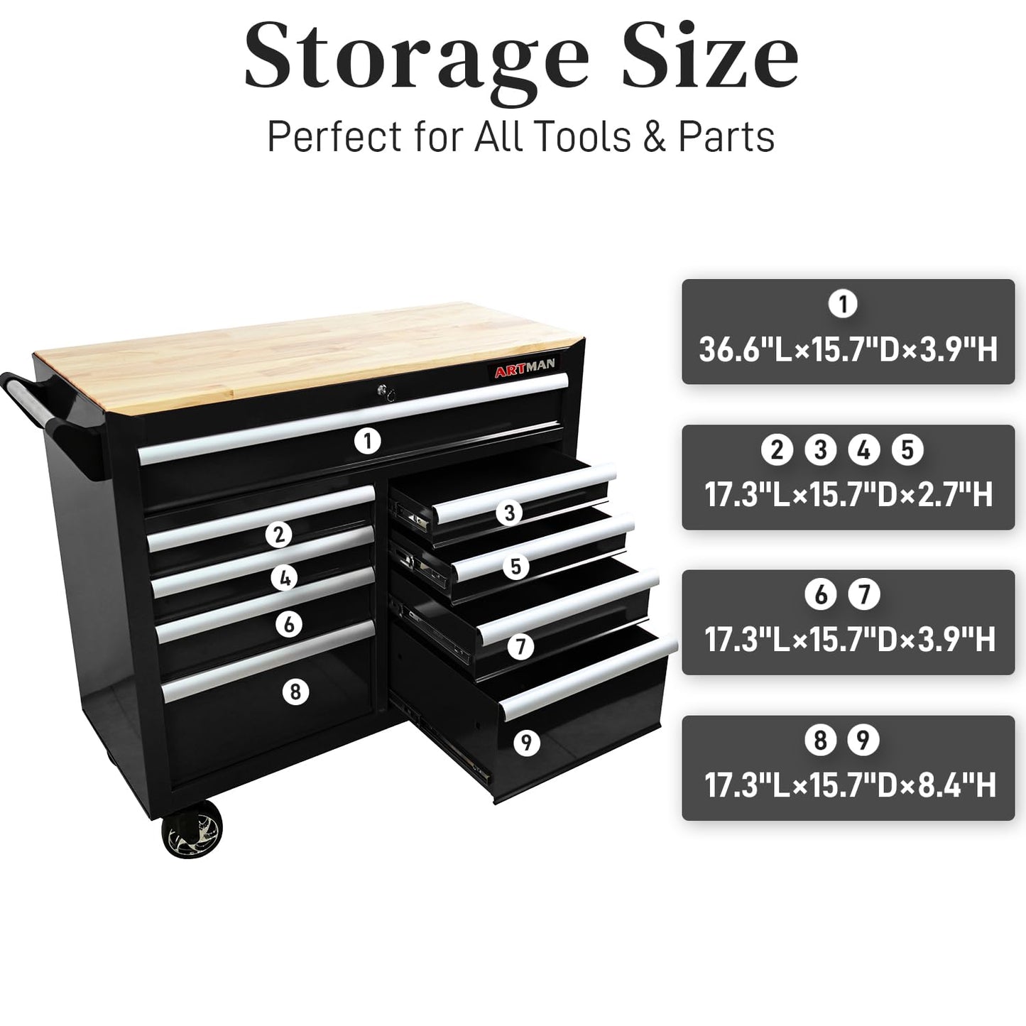 Heavy Duty Rolling Tool Chest with 9-Drawer Wood Top Tool Cart Mechanic Tool Box with Wheels Tool Storage Cabinet Mobile Workbench Tool Bench for Garage, Warehouse, Workshop, Repair Shop (Black)