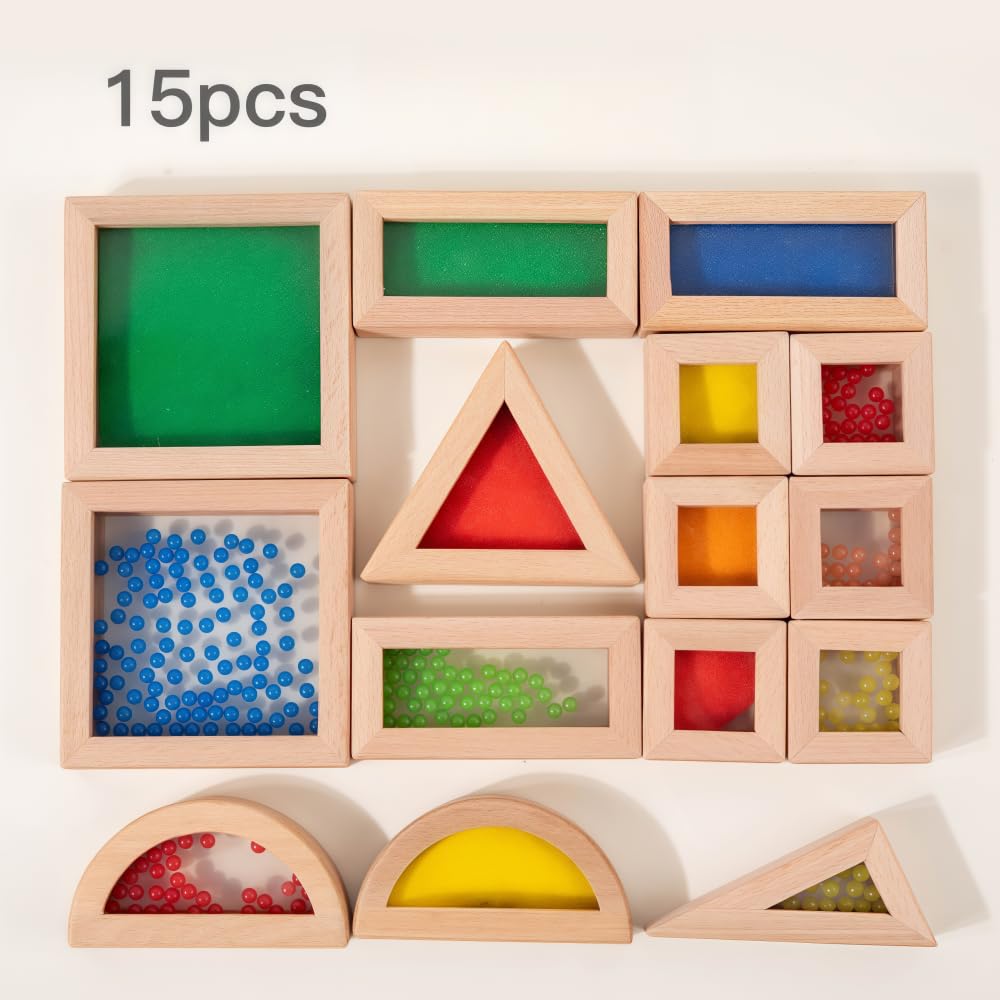 Lexza Rainbow Sensory Toys Blocks,15 Pcs Large Wooden Building Blocks for Toddlers Baby Kids,Colorful Geometric Stacking Toys, Preschool Educational Toy Set