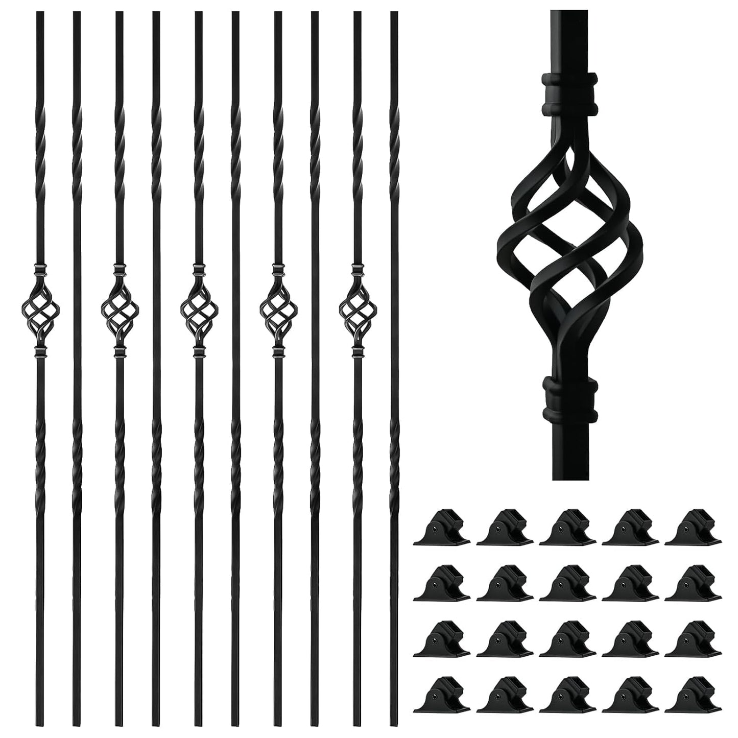 Belinova 30 Pack Wrought Iron Balusters 44'' Hollow Staircase Balusters with Swivel Shoes Balusters for Staircase Interior Double Twist Stair Basket Decorative Spindles for Staircase Indoor