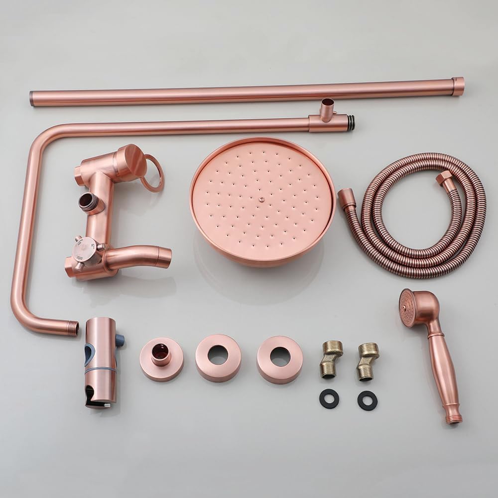 KECTIAKL Antique Copper Exposed Shower System 8 Inch Rainfall Shower Head 3 Functions Wall Mounted Outdoor Shower Fixtures Bathroom Shower Kit Antique Brass Shower Faucet Set