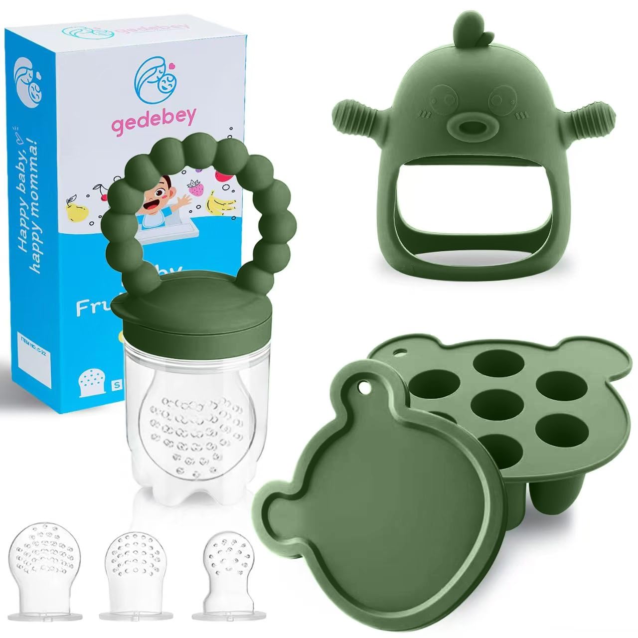 Gedebey 3-in-1 Baby Food & Fruit Feeder Set – Breastmilk Popsicle Mold with Freezer Tray, Teething Relief Toy, BPA Free Infant Silicone Feeding Combo, 3 Bonus Sizes (S/M/L) Sacs (Olive Green)