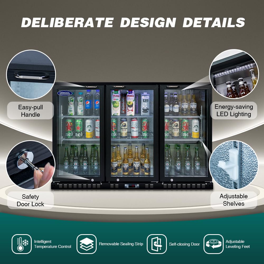 ORIKOOL Back Bar Cooler - 480 Can Capacity Beverage Refrigerators, 3 Hinged Glass Doors, LED Lighting, Adjustable Shelves, Safety Door Lock, Perfect for Bars, Restaurants & Home