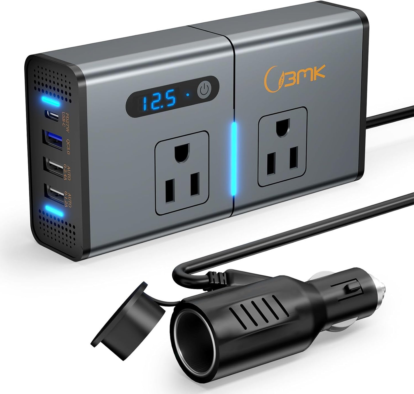 BMK 200W Car Power Inverter Newly Car Plug Adapter Outlet Charger DC 12V to 110V Car Inverter with 1.2A&2.4A USB, 1 QC3.0 USB and 1 Type C Ports Black