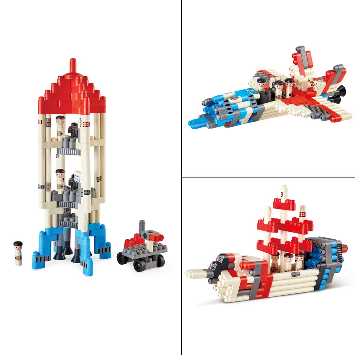 Hape PolyM Space Adventure Rocket Construction Kit | 138 Piece Building Brick Toy Play Set for Kids - Figurines and Accessories Included