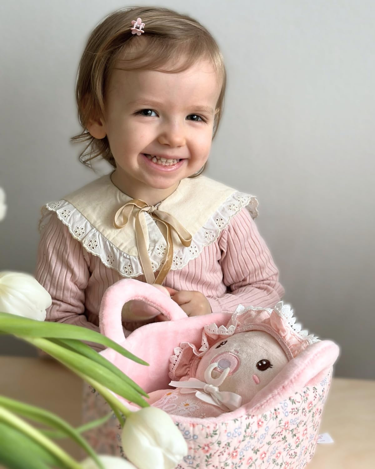 LeyaDoll Soft Baby Doll Set for Toddlers – Pretend Play and Doll Feeding Carrier Bassinet Toy with Plush Cradle, Blanket & Feeding Bottle, 1-3 Girls Birthday