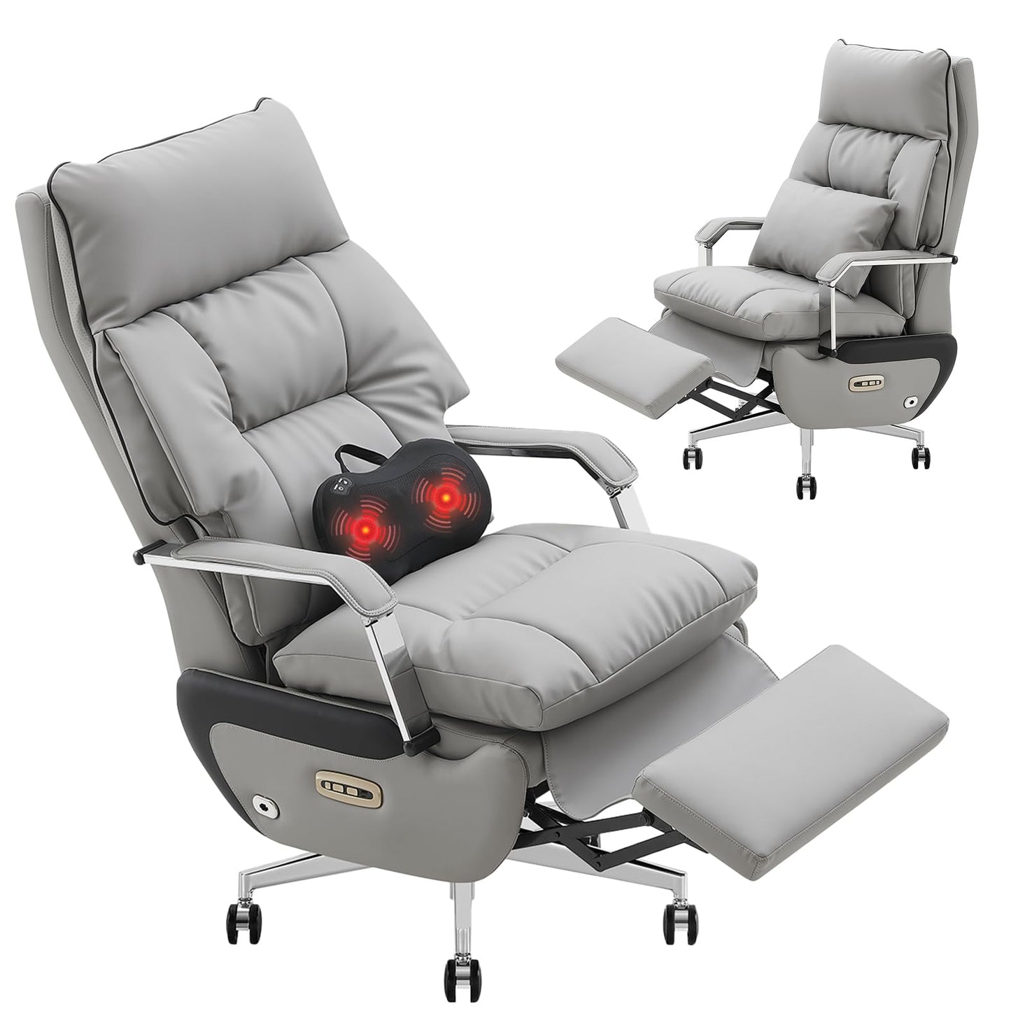 Dual Motor Executive Reclining Office Chair with Footrest – One-Click Electric Recline, Massage Lumbar Support & Pillow, Big and Tall PU Leather Ergonomic Desk Chair for Home Office/Gaming(Gray)