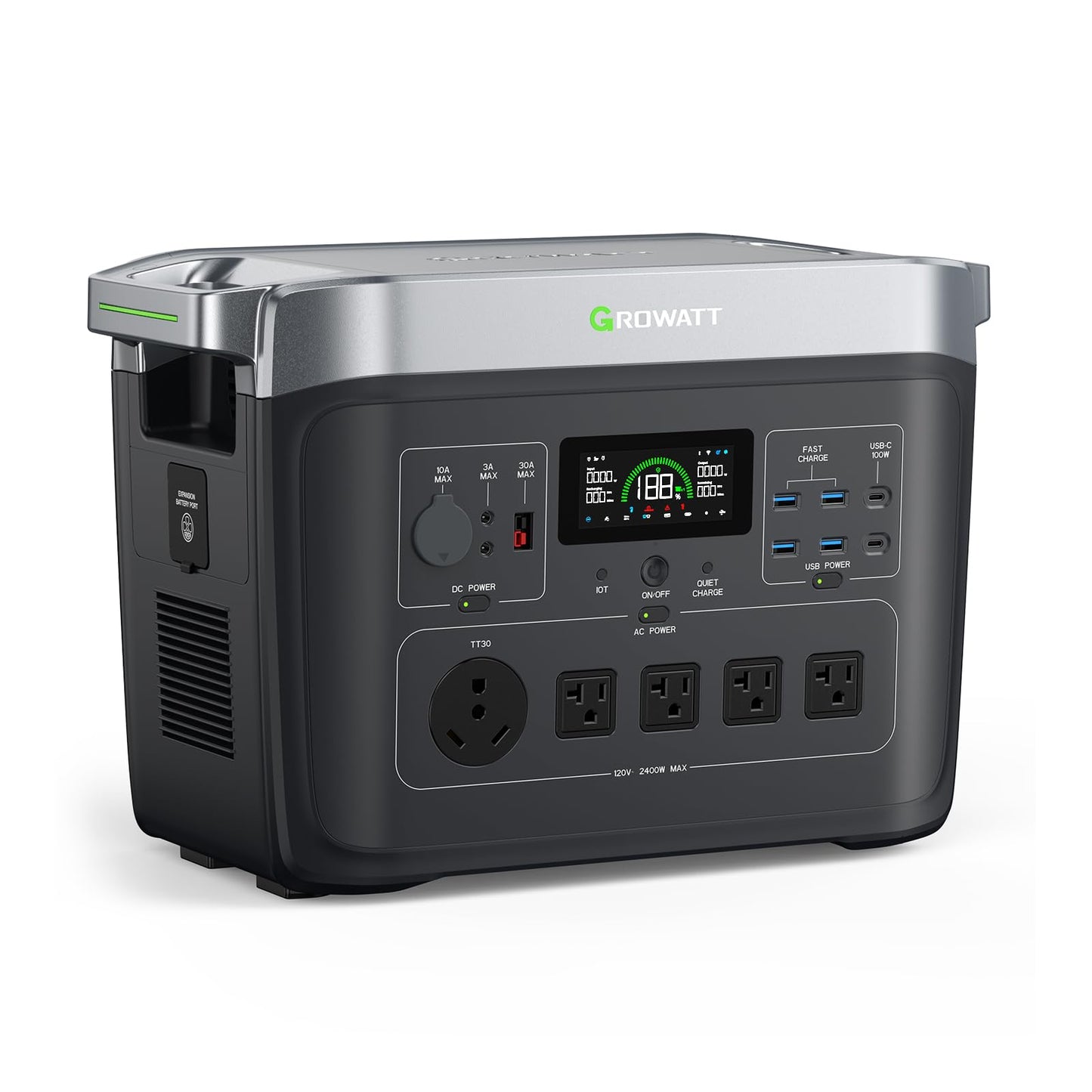 GROWATT Portable Power Station ，INFINITY 2000 Black Electric Solar Generator，2048Wh LifePO4 Battery,2400W AC Output for Home Use, Outdoor Camping, RVs and Emergency Backup(Solar Panel Optional)
