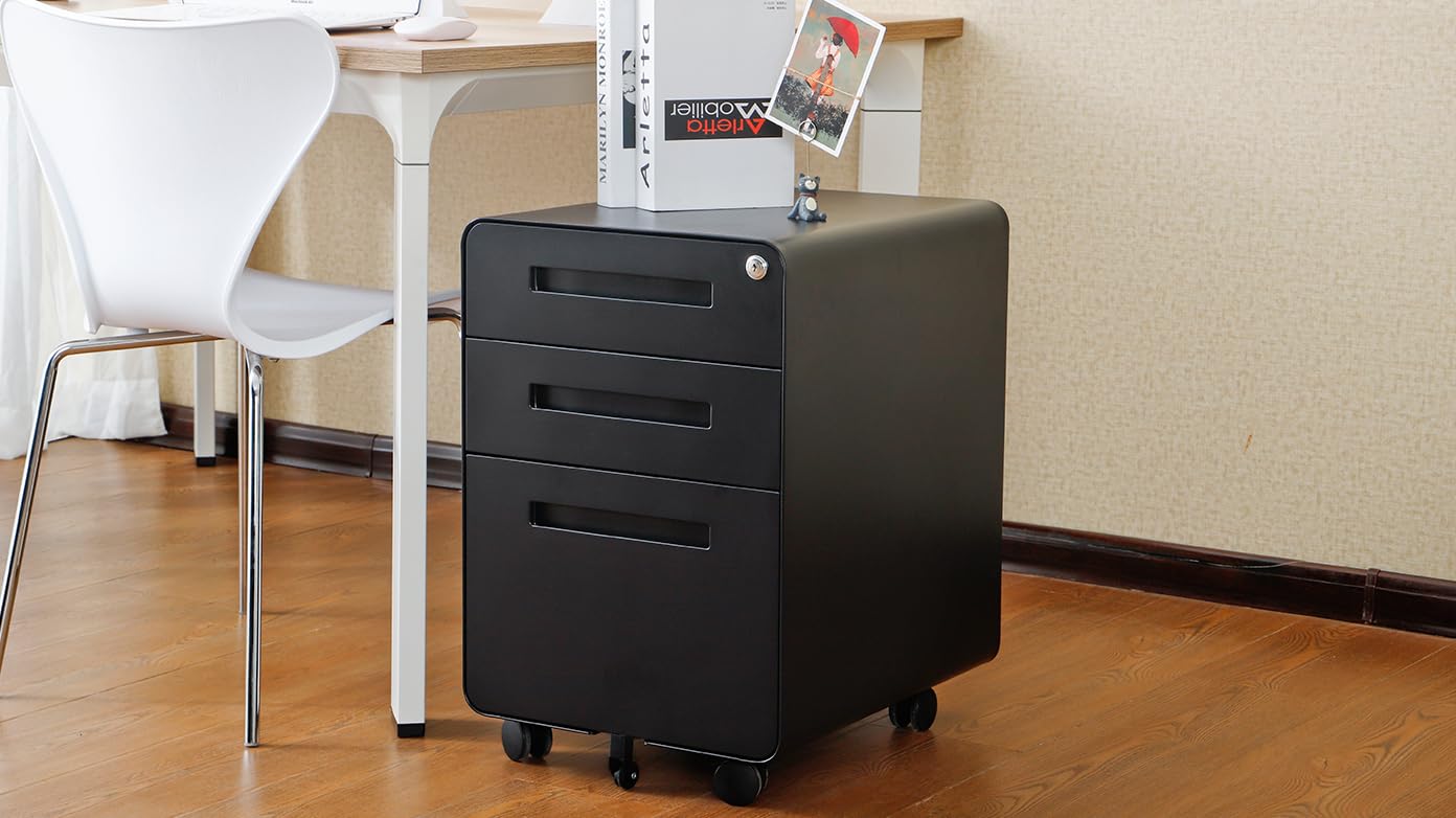 GarveeHome 3 Drawer Mobile File Cabinet with Lock, Under Desk Metal Filing Cabinet for Home Office, Under Desk Storage with 5 Wheels for A4/Letter/Legal Size, Fully Assembled