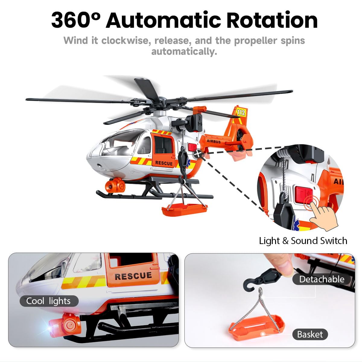 ANJARU Helicopter Toy with Lights and Sound,Simulative Rescue Helicopter Toddler Kids Toys for Kids Aged 3 4 5 6 Pull-Back Propeller Army Toys Toddler Kids Boys Gifts (Rescue-Helicopter)