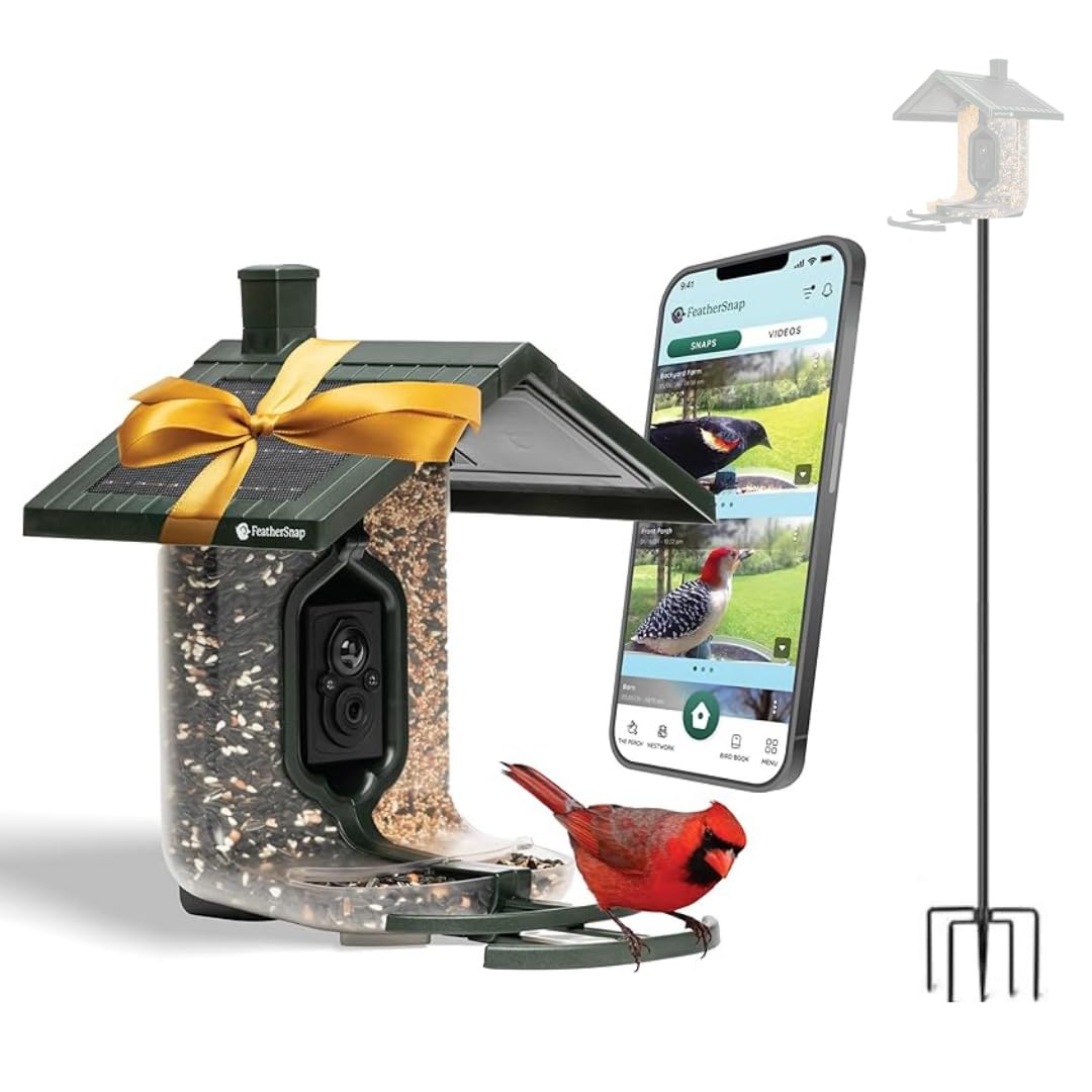 Feathersnap Smart Birdfeeder with AI Identification and Wi-Fi Solar Powered, Captures HD Pictures and Videos Sent Directly to Your Phone (Bird Feeder & Pole)