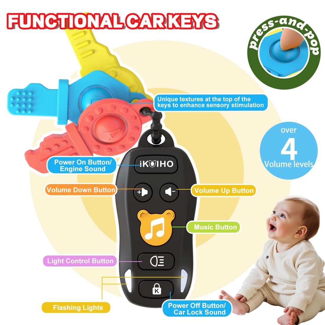 Baby Phone Baby Keys Toys Set, Bilingual Play Phone and Toy Keys for Toddlers 1-3, Musical Early Learning Toys with Sounds Lights for 1 Year Old Boys Girls Infant Age 6+ Months