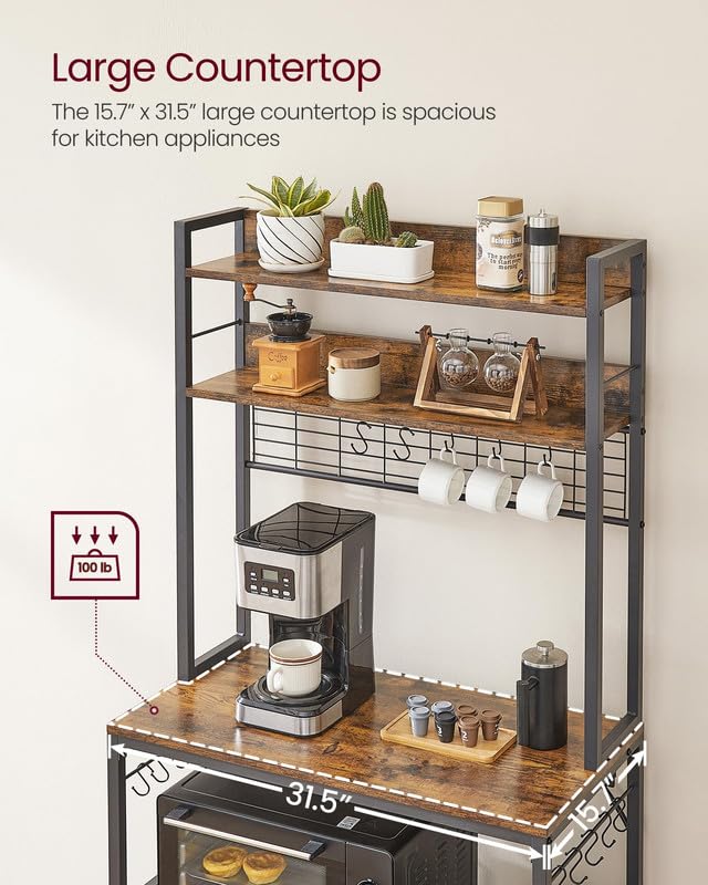 VASAGLE Bakers Rack with Power Outlet, Microwave Stand, Kitchen Tall Utility Storage Shelf, with Metal Wire Panel, 14 Hooks, 15.7 x 31.5 x 66.9 Inches, Rustic Brown and Ink Black UKKS025B01