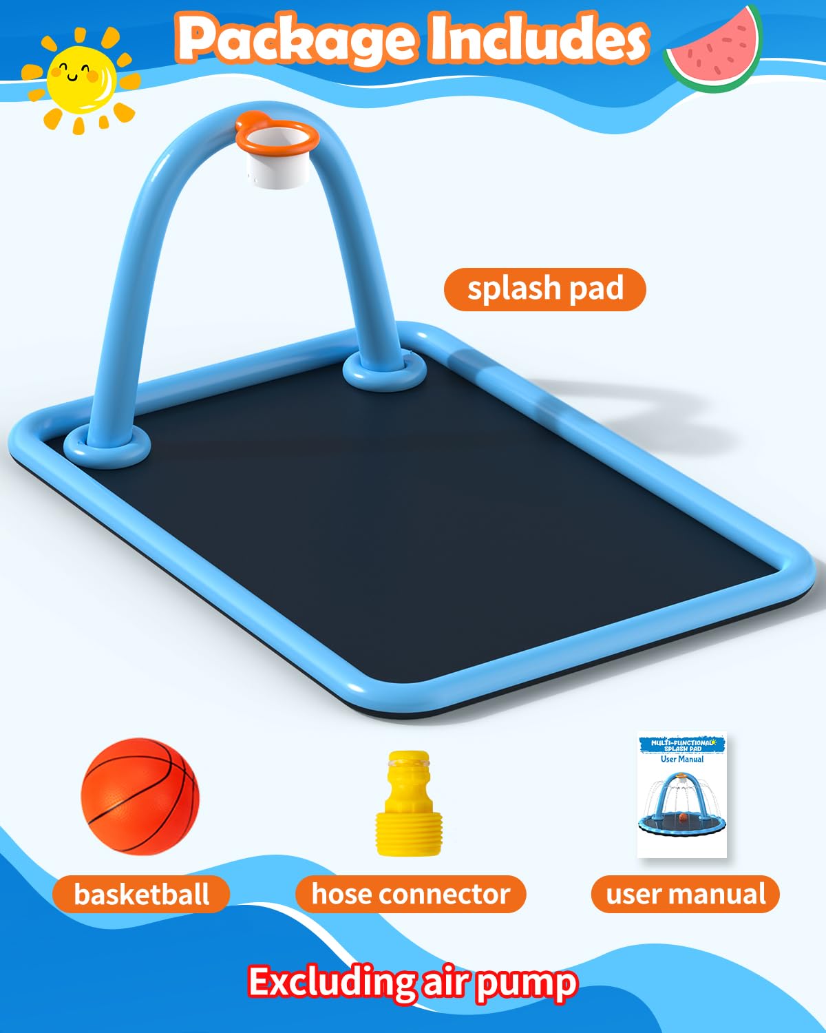 Octaplay Splash Pad for Kids & Dogs, Large Sprinkler Pad Water Toys with Basketball Hoop, Thickened Non-Slip Splash Mat, Foldable Play Pool & Outdoor Summer Toys Ages 4-12 (102" Splash Pad)