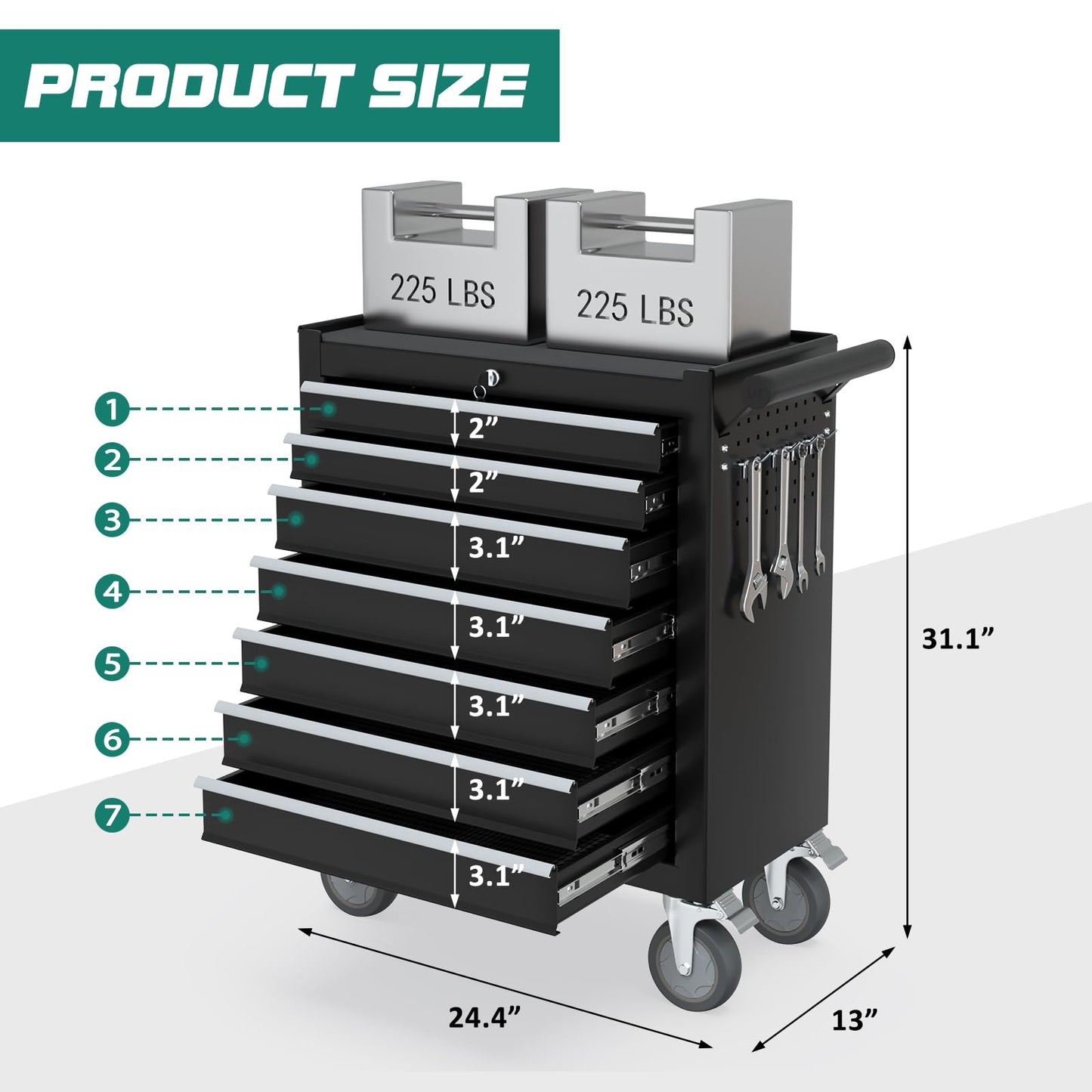7-Drawer Rolling Tool Chest with Wheels, Tool Box with Locking System and Sliding Drawers, Heavy Duty Tool Box Organizer for Garage, Warehouse, Workshop (Black)