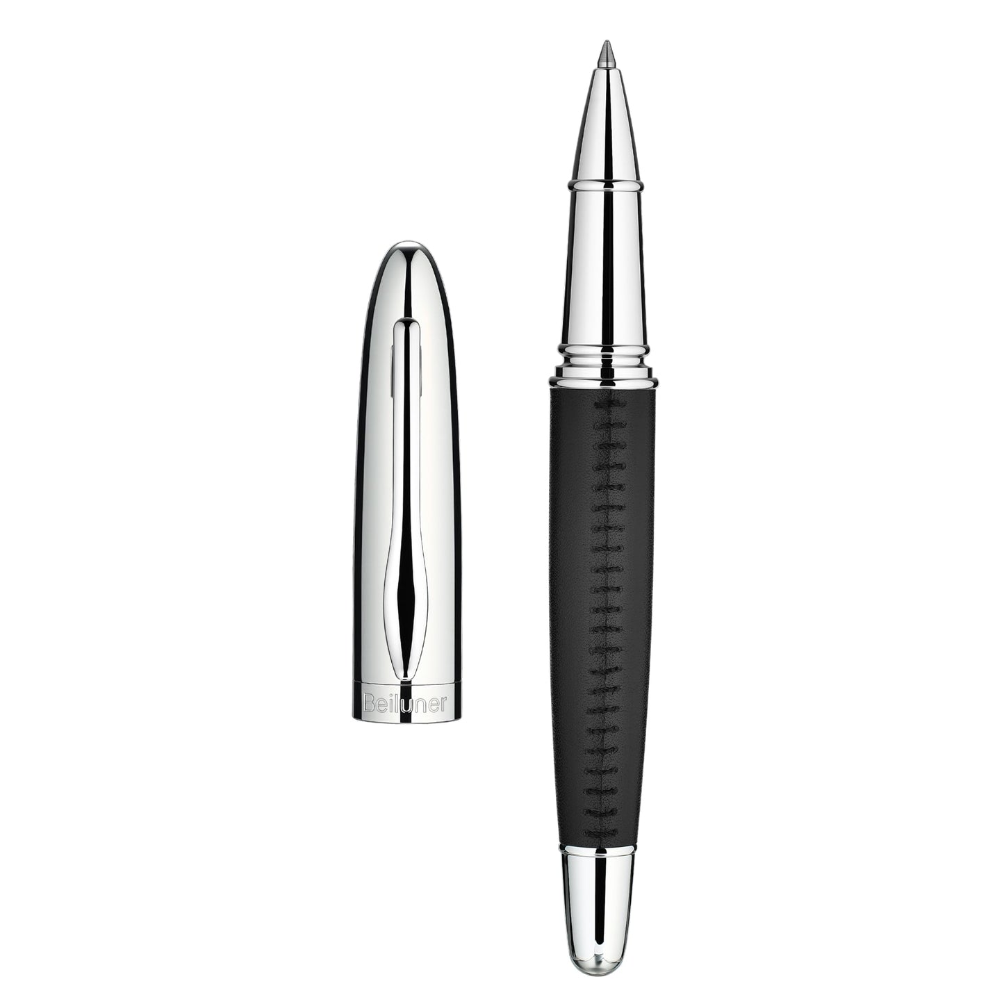 BEILUNER 318 Luxury Leather Pen, Hand-Stitched Premium Leather, Chrome-Plated Finish, Schmidt Ink Refill, Best Rollerball Pen Gift for Men & Women, Refillable, Executive Writing, Nice Pens