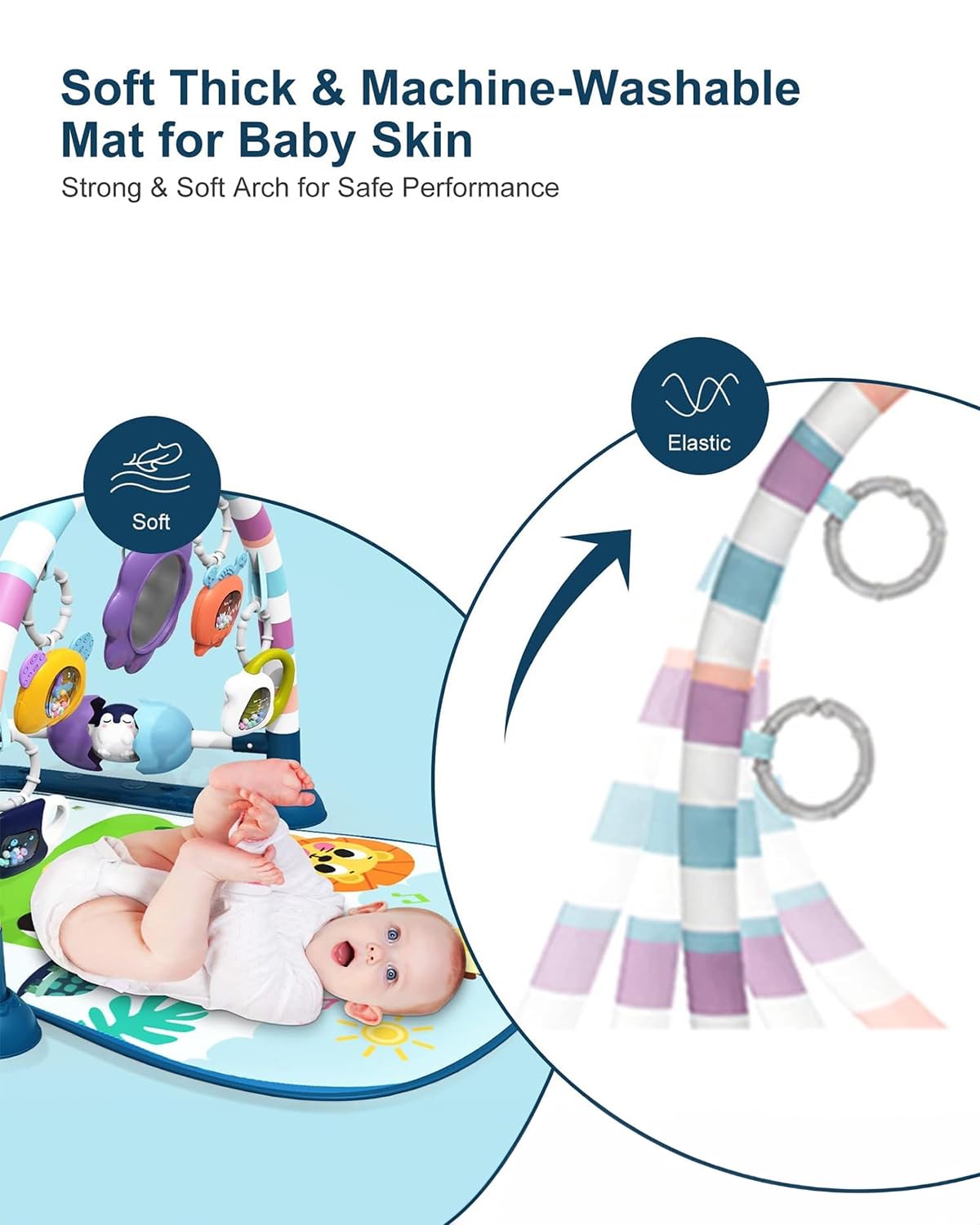 dearlomum Baby Play Mat Gym, Funny Play Piano Tummy Time Activity Mat with 5 Infant Sensory Toys, Music and Lights, Boy & Girl Gifts for Newborns 0 to 3 6 9 12 Months（New Blue）
