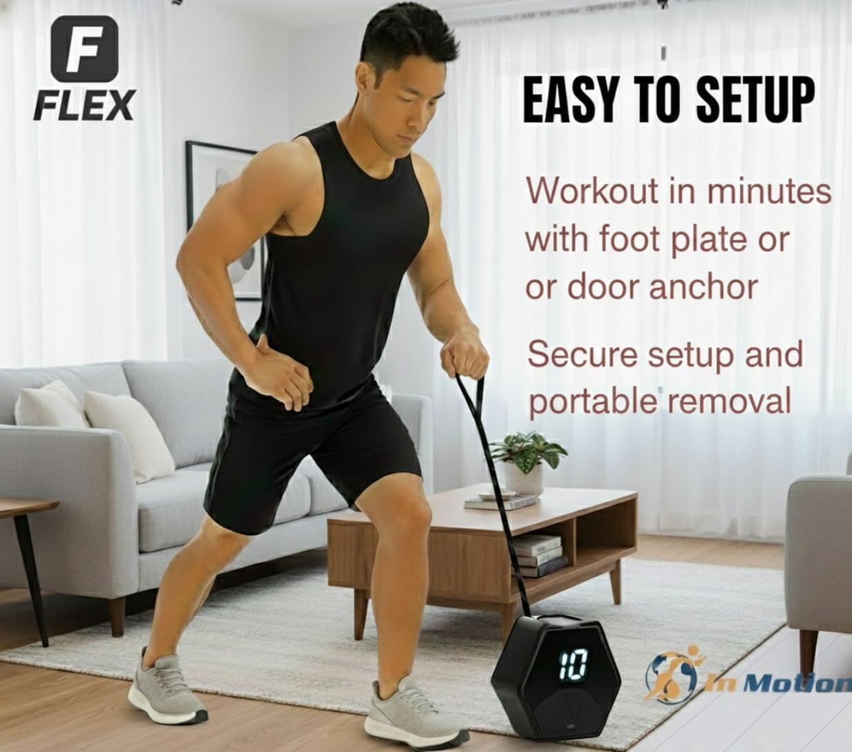 In Motion FLEX Smart Home Gym Fitness Resistance Band | Portable Electronic Cable Machine Adjustable Resistance 5–66LB | Door Anchor, USB Rechargeable Pocket Gym for Full Body Workout & Travel Fitness
