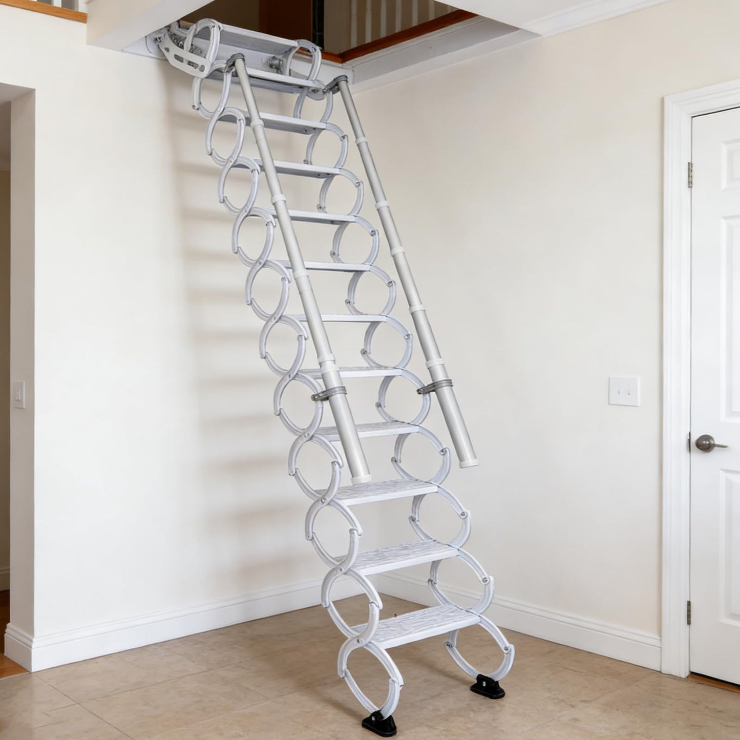 12 Steps Wall-Mounted Folding Stairs for Attic, Attic Ladder Pull Down System with Retractable Handrail& Pull Rod, Anti-Slip Steps, Attic Stairs for Home (White, 9.6-10ft)