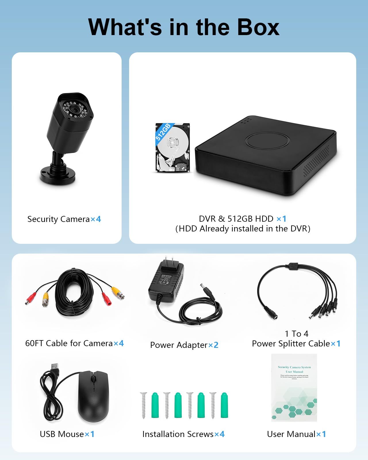 4CH 1080P Wired Security Camera System, AIWIXEN CCTV DVR with 512GB Hard Drive, 4 x Home Surveillance IP68 Waterproof Security Cameras with Human Vehicle Detection, Remote Access, 24-7 Recording