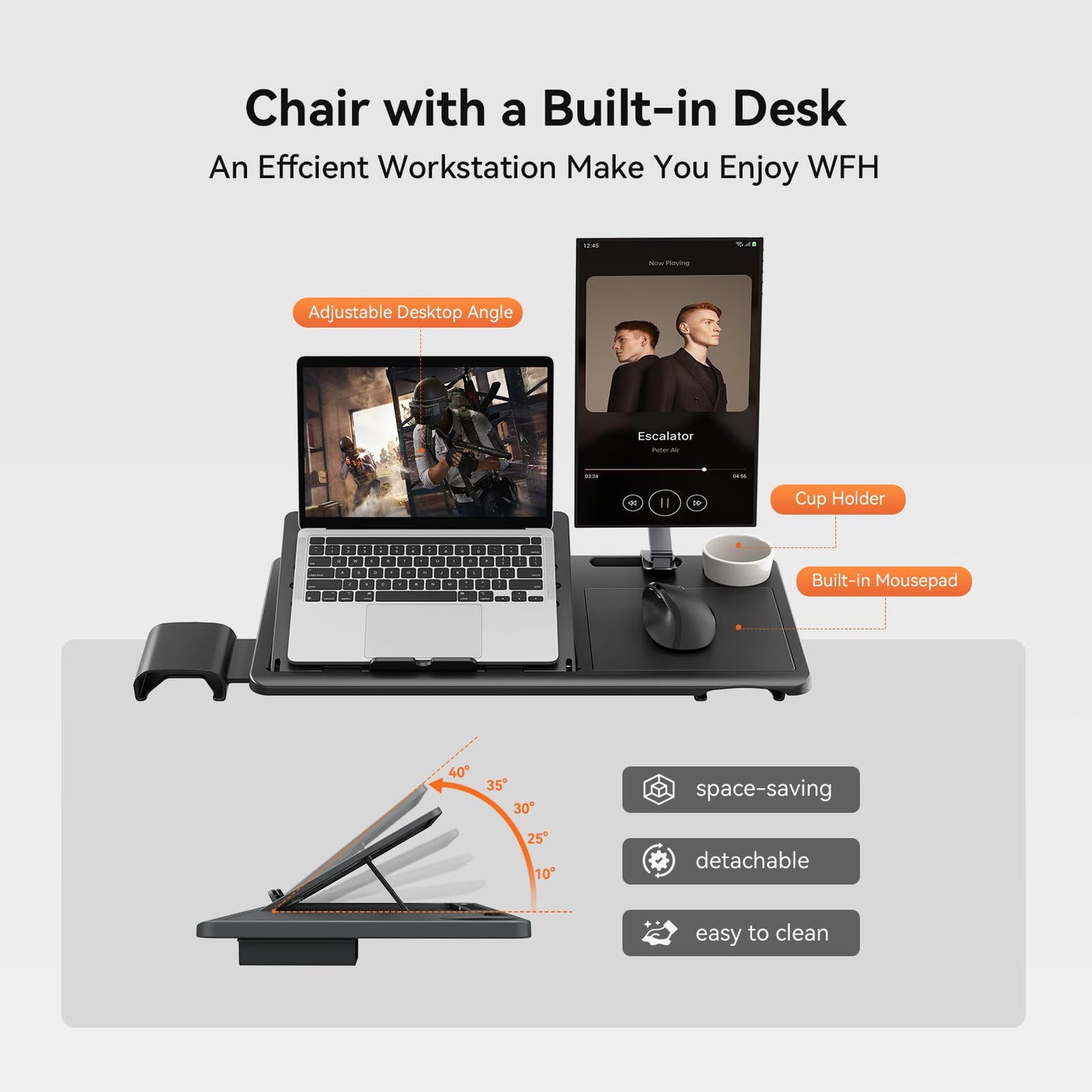 Newtral Ergonomic Home Office Chair-Office Desk Chair with Footrest, Auto-Following Backrest & Headrest, 4D Armrests, 96°-136° Recline (Black, with Laptop Table)