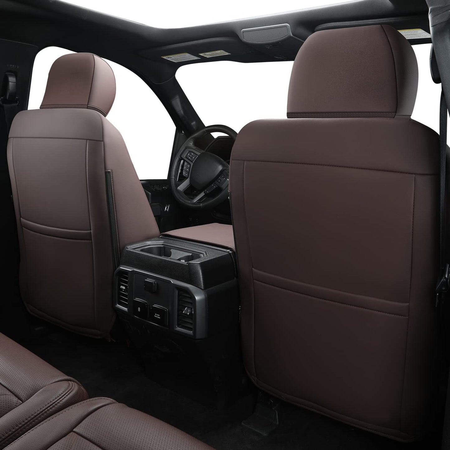 Covertopia F150 Faux Leather Seat Covers, Custom fit 2015-2024 2025 Ford F150 SuperCrew, and 2017-2024 2025 F250 F350 F450 Super Duty Crew Cab(Full Set, Brown)