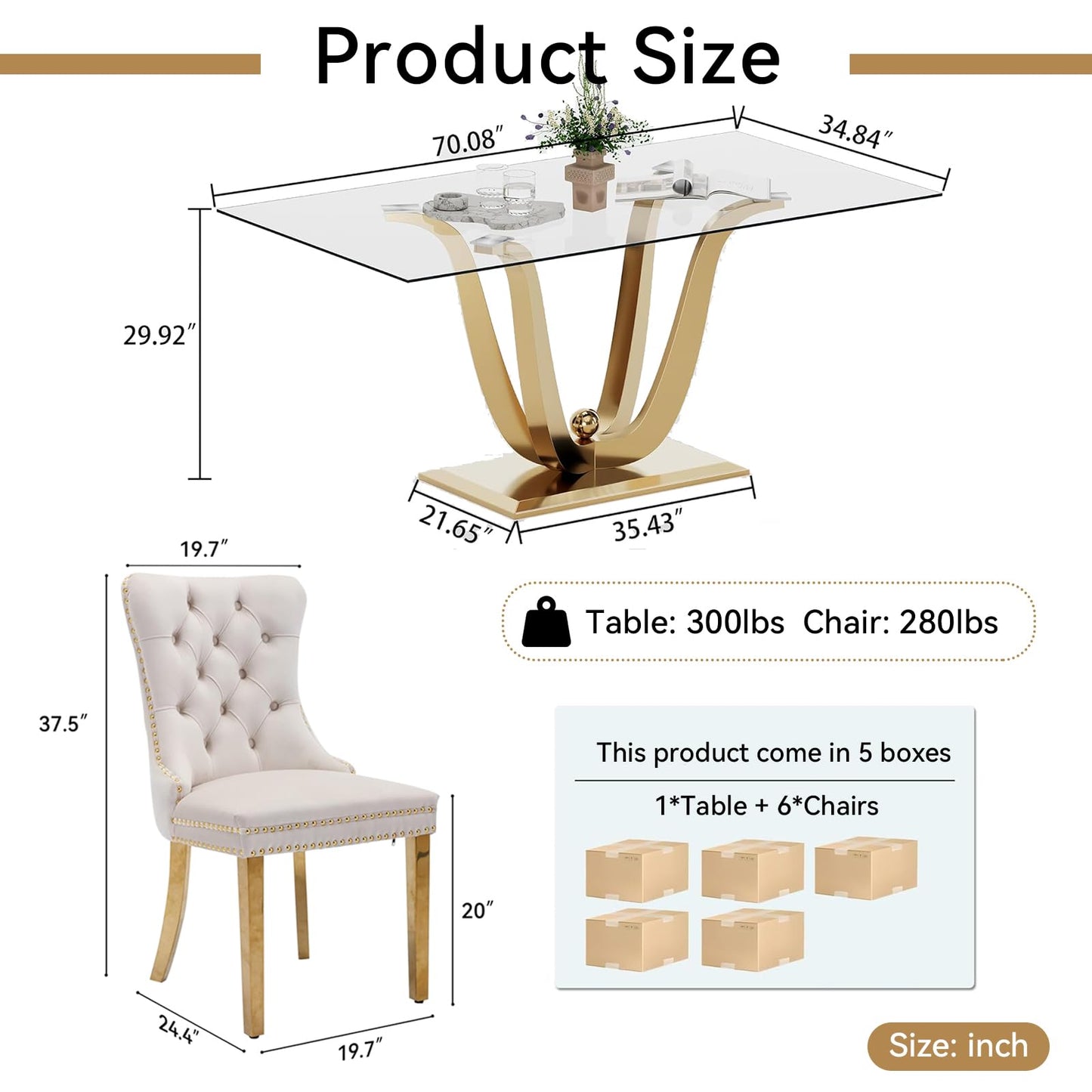 Maxtude 7 Piece Dining Table Set, Gold Dining Room Table with 6pcs White Velvet Dining Chairs, 70" Glass Dining Table Set for 6 with Stainless Steel Base for Kitchen Dining Living Room