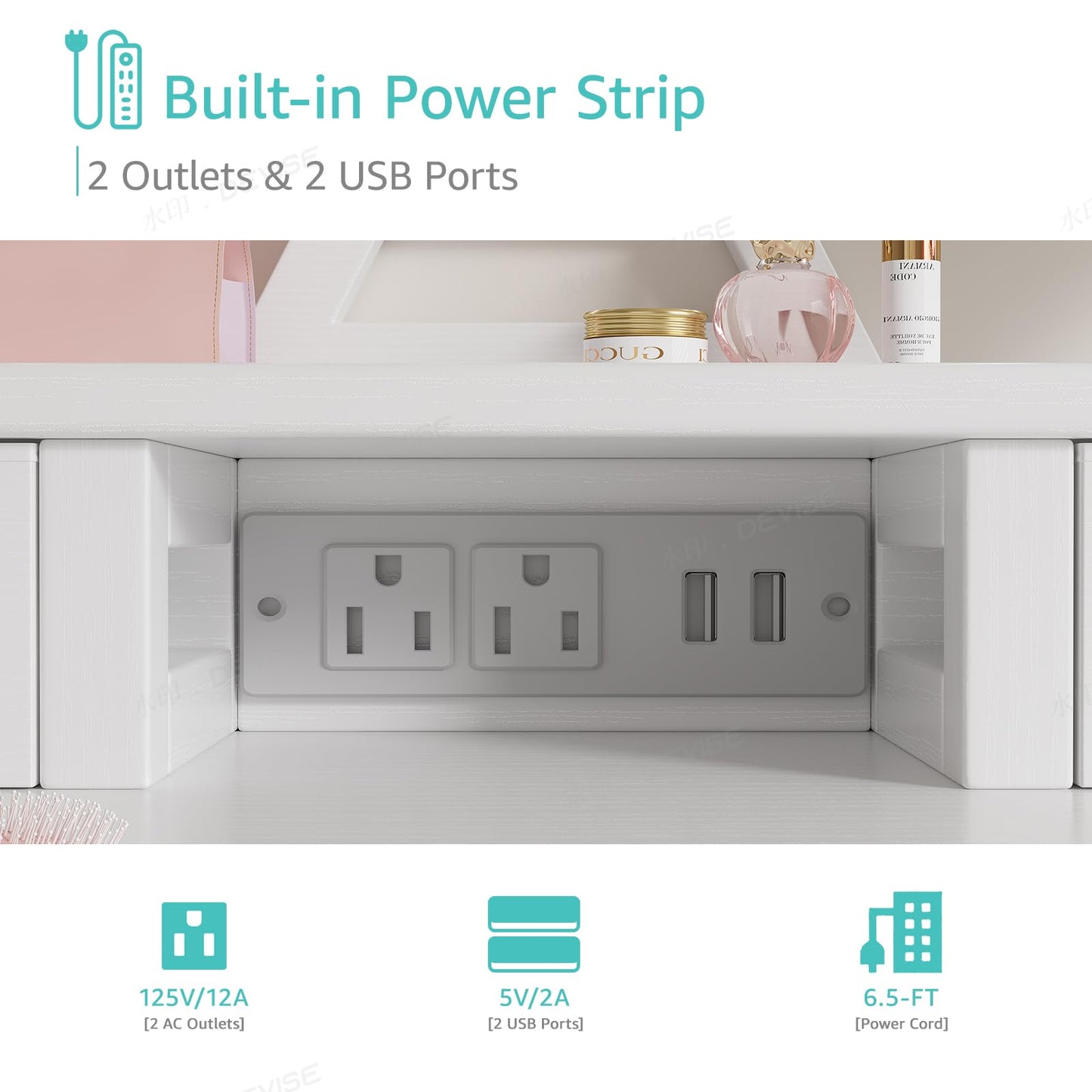 KAI-ROAD White Makeup Vanity Desk with Mirror and Lights, Vanity Set with Chair, Make Up Dresser Table with Drawers and Power Outlet for Girls Bedroom Small Space