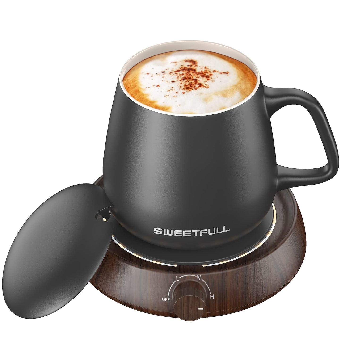 SWEETFULL Mug Warmer for Coffee and Tea Coffee Mug Warmer Set W/Mug and Lid Coffee Warmer As Coffee Gifts for Desk Office Coffee Lovers. （20W Cup Warmer Candle Warmer Auto Shut Off） (Wood Grain)