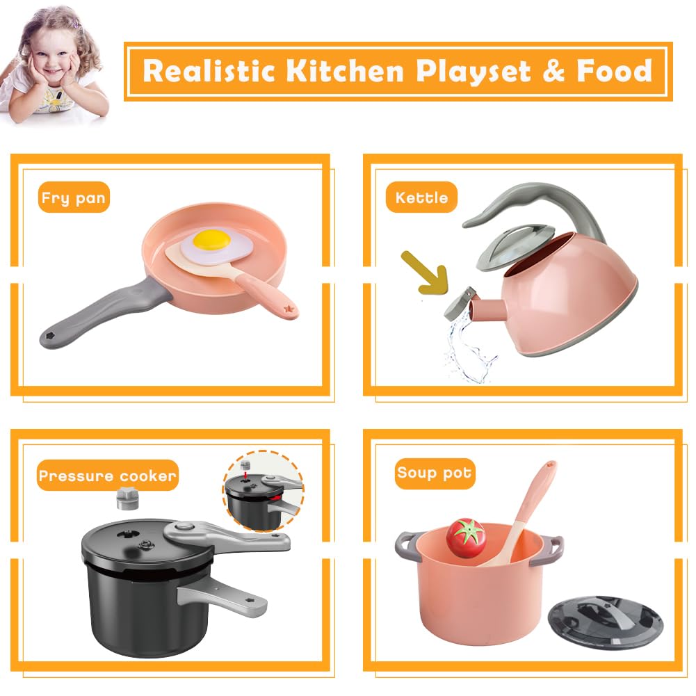 Bruvoalon 32Pcs Kids Play Kitchen Toys Set, Toddlers Pretend Cooking Playset Acccessories with Pots Pans, Utensils Cookware, Foods, Canned Veges, Learning Gift for Kids Girls Boys (Pink)