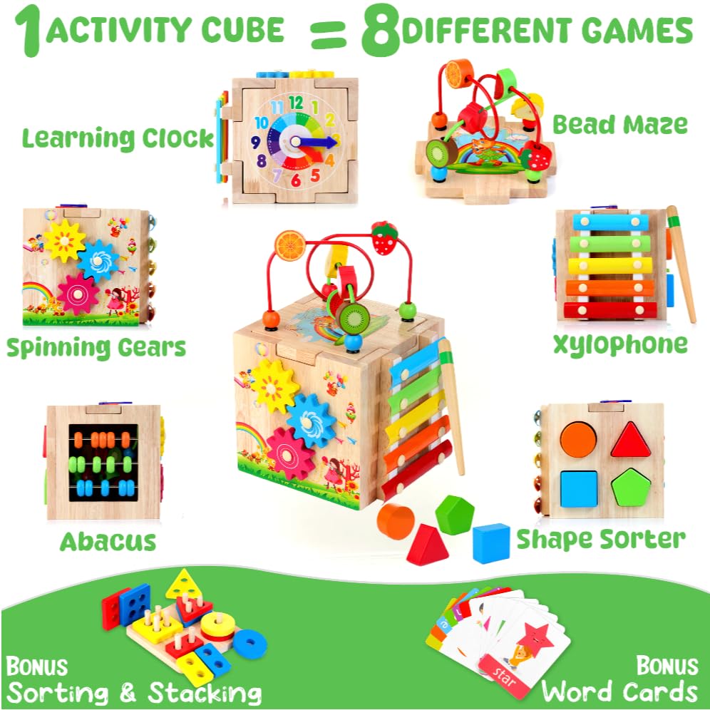Batlofty Wooden Activity Cube, 8-in-1 Montessori Toys for 1 2 Year Old Girl Boy Toddler| Sensory Educational Learning Toys 12-18 Months | 1st Birthday Gifts, Bead Maze | Bonus Sorting & Stacking Board