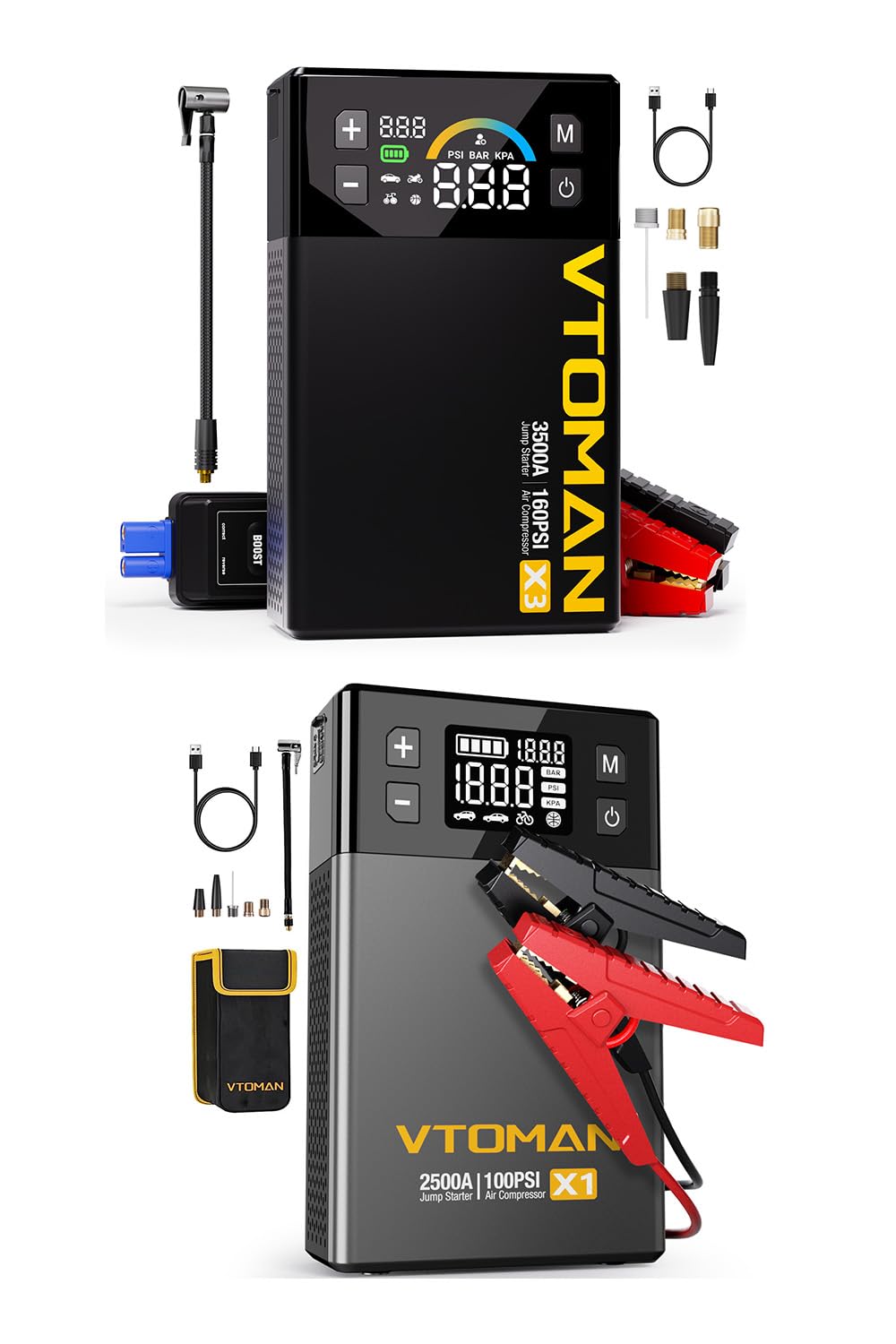 VTOMAN X1 Jump Starter with Air Compressor + VTOMAN X3 Jump Starter with Air Compressor, 3500A Portable Car Battery Jumper Starter (9L Gas/8L Diesel Engines) with 160PSI Auto-Shutoff Tire Inflator