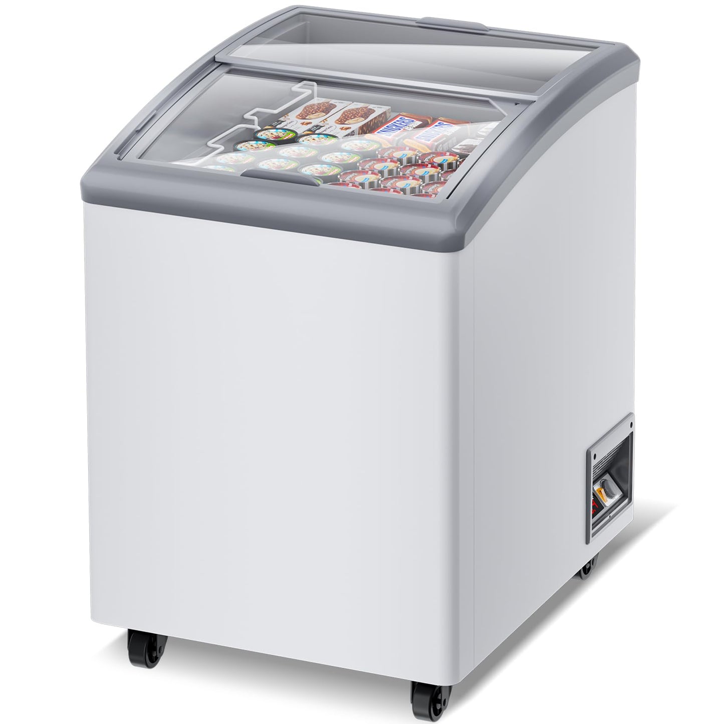 23 Inch Commercial Freezer Commercial Ice Cream Freezer Display Case with 2 Removable Wire Baskets & 2 Sliding Glass Doors - White Commercial Refrigerator for Shop Use 5.5Cu.Ft.