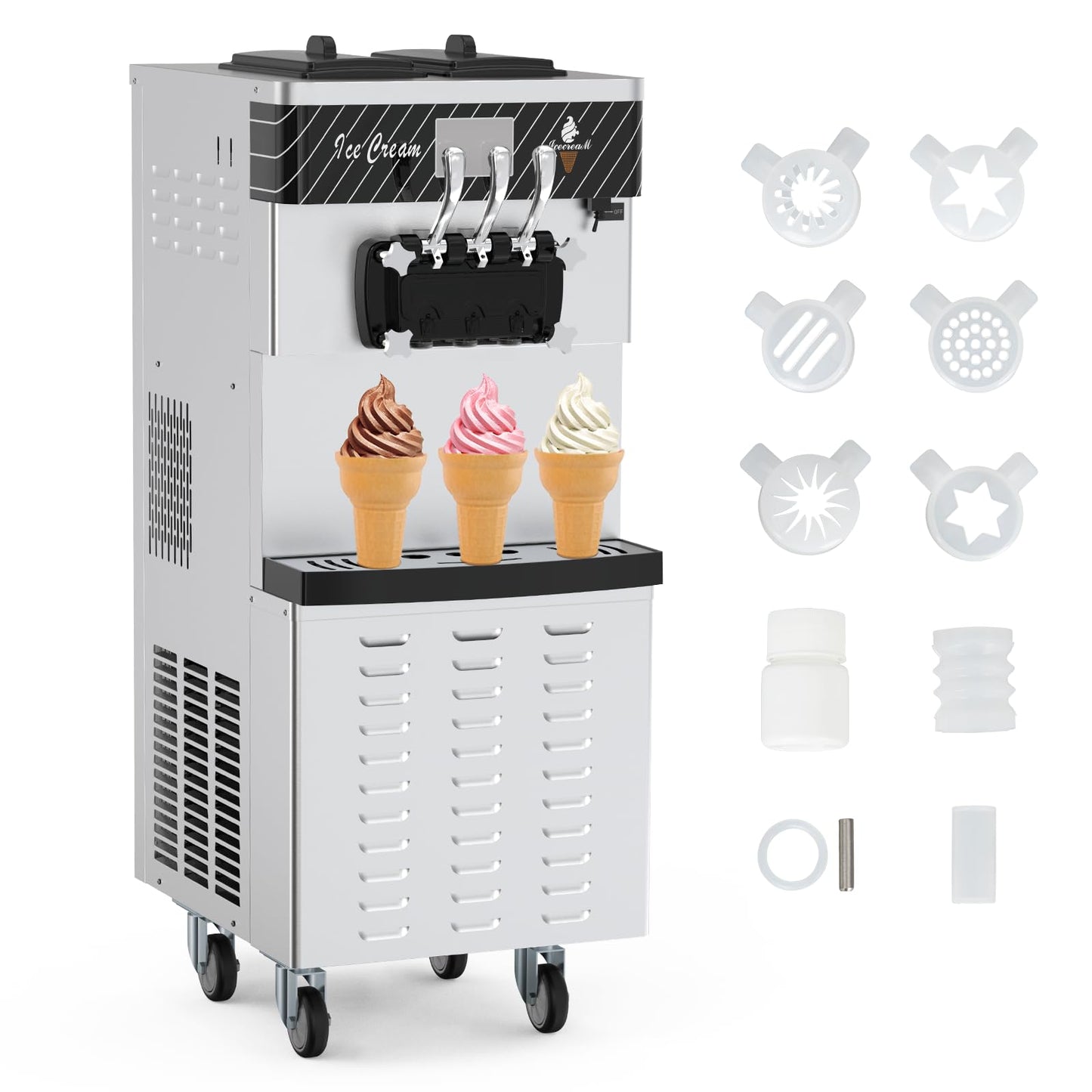 Commercial Ice Cream Machine 5.8 to 8 Gal/H Yield, 3 Flavor Ice Cream Maker with 7L Double Hoppers, LED Touch Panel, Auto Cleaning, Stainless Steel, Soft Ice Cream Machine for Gelato for Restaurants