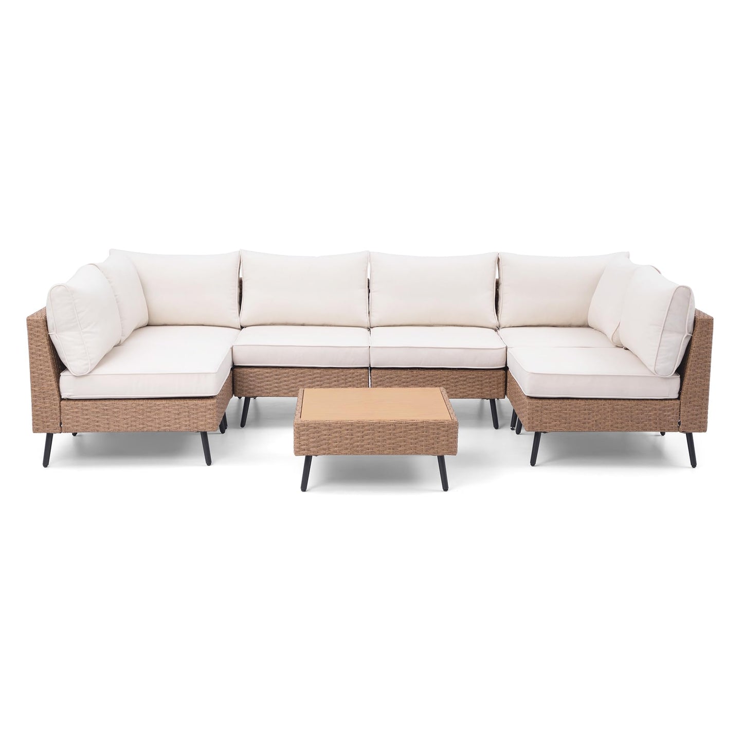 LAUSAINT HOME Outdoor Patio Furniture, 7 Piece Outdoor Sectional Sofa PE Rattan Wicker Patio Conversation Sets, All Weather Patio Furniture Set with Thick Cushions for Garden, Backyard(Beige)
