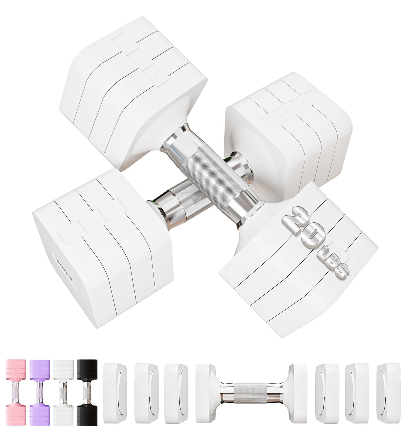 40LBS Hand Weights Set Adjustable Dumbbells Set for Men Women, 4 in 1 Free Weights Dumbbells Sets Adjust Dumbbell Weight Sets for Home Gym Exercise Workout Strength Training Equipments, White